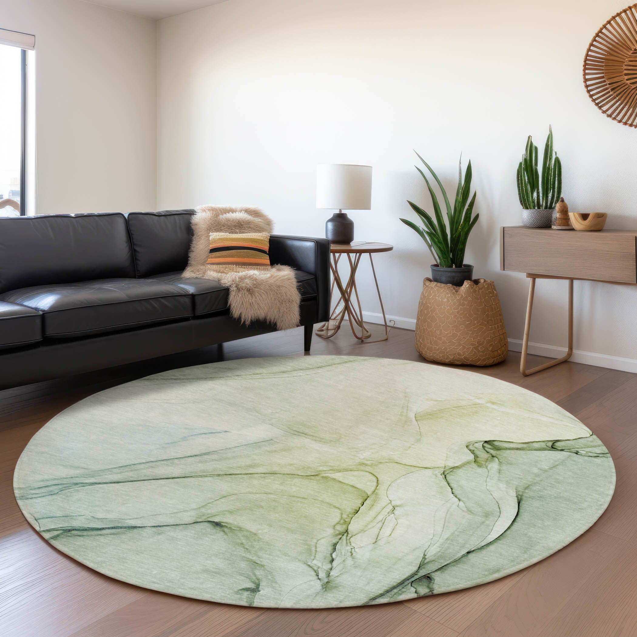 Valletta Machine Washable Transitional Green Rug 8' x 8' #shape_Round