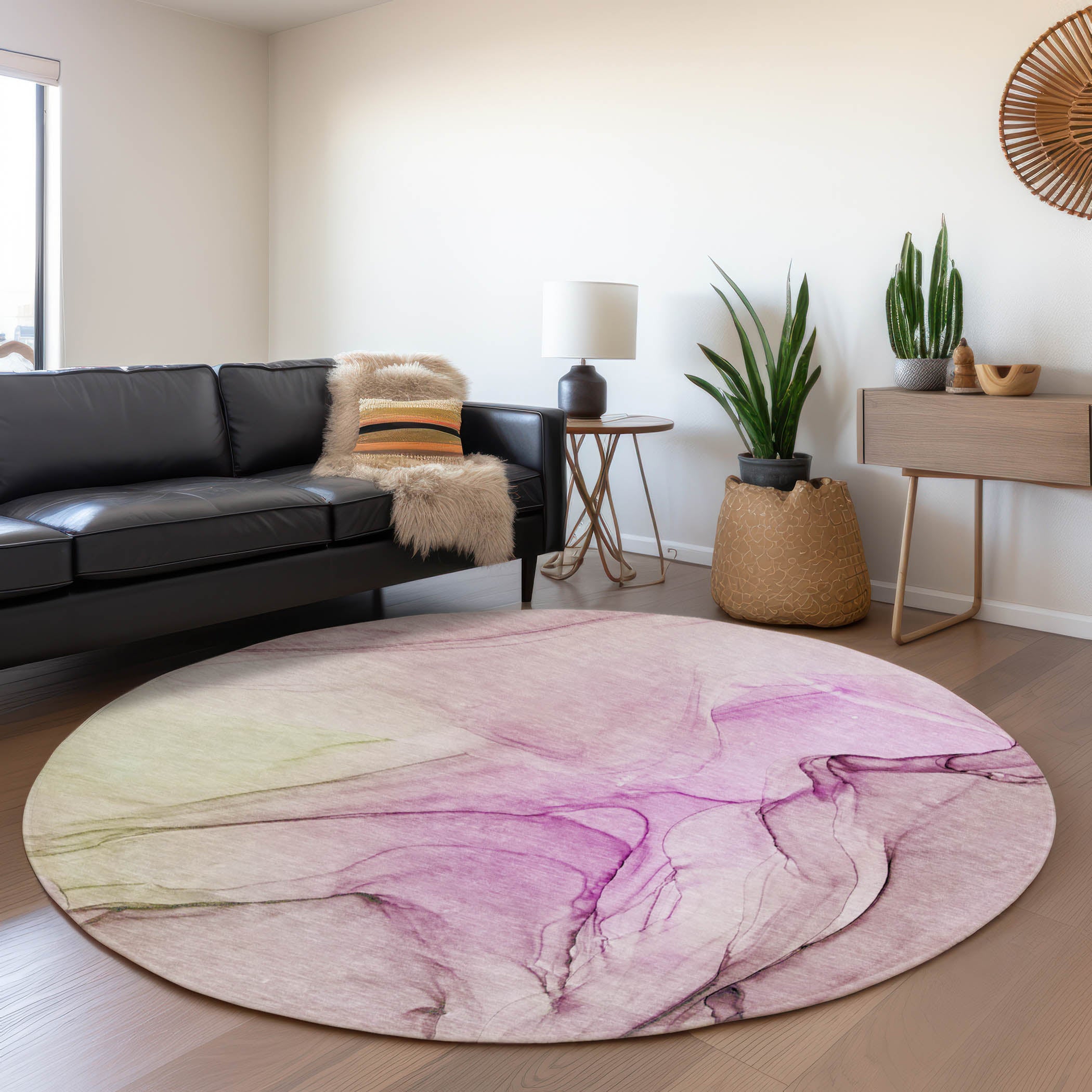 Valletta Machine Washable Transitional Pink Rug 8' x 8' #shape_Round