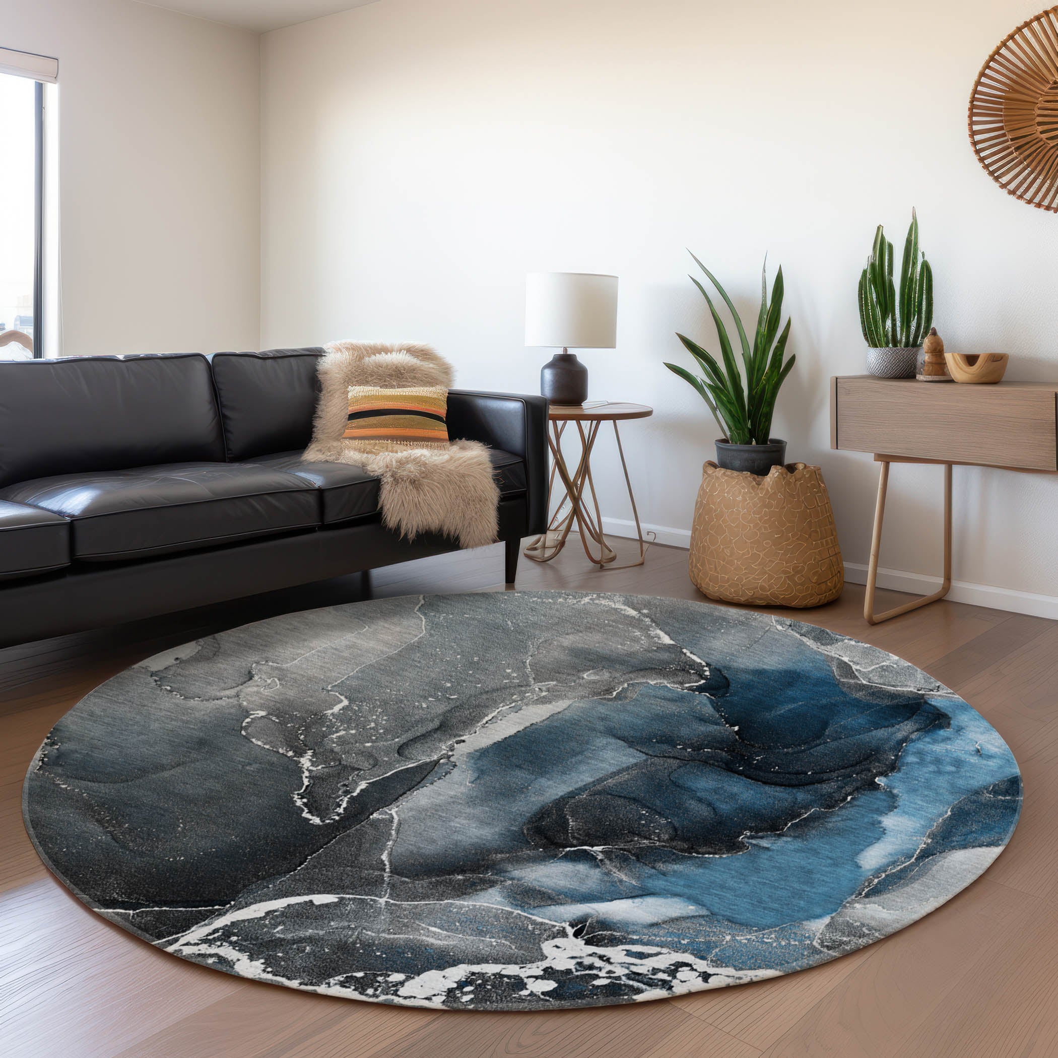 Siena Machine Washable Contemporary Blue Rug 8' x 8' #shape_Round
