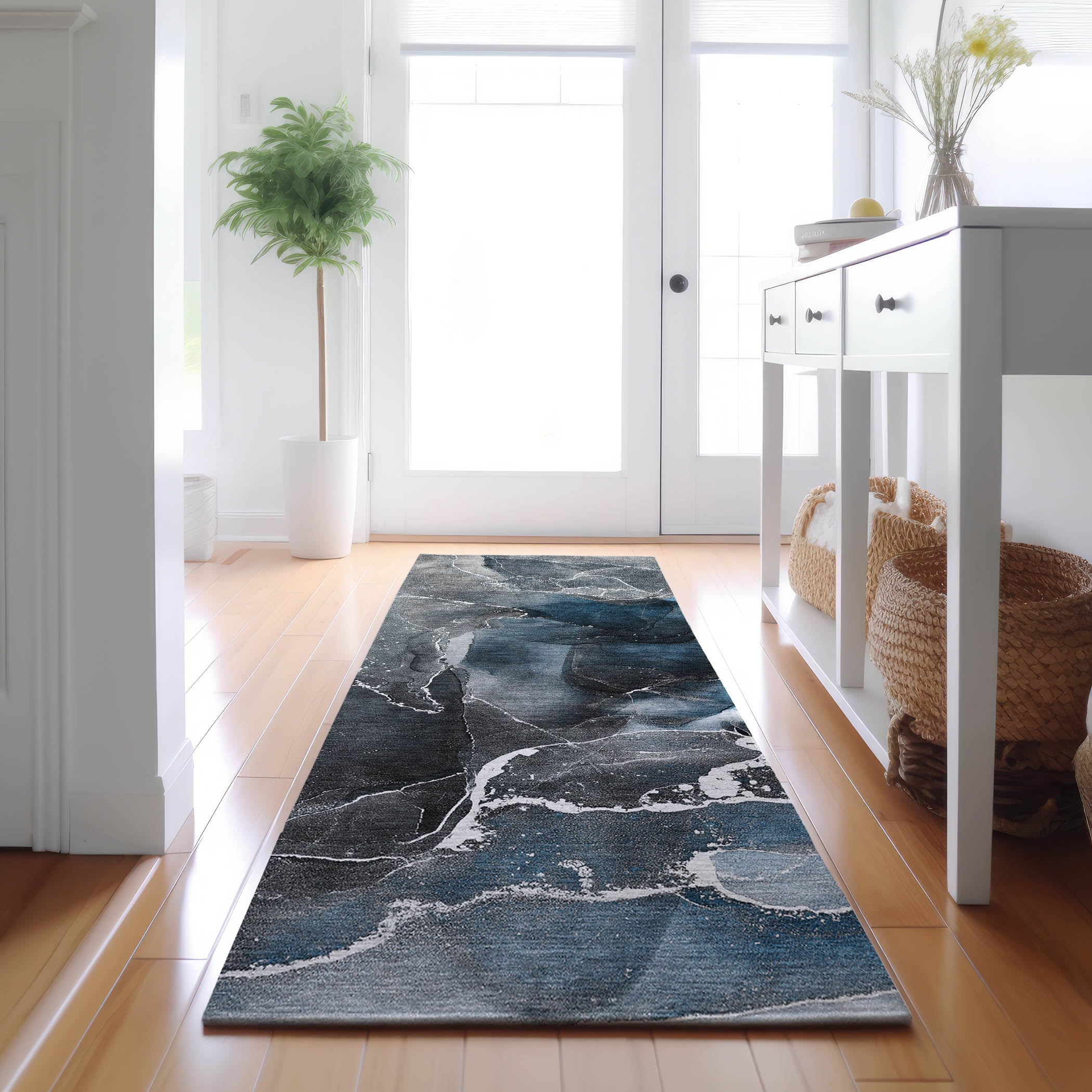 Siena Machine Washable Contemporary Blue Rug 2'3" x 7'6" #shape_Runner