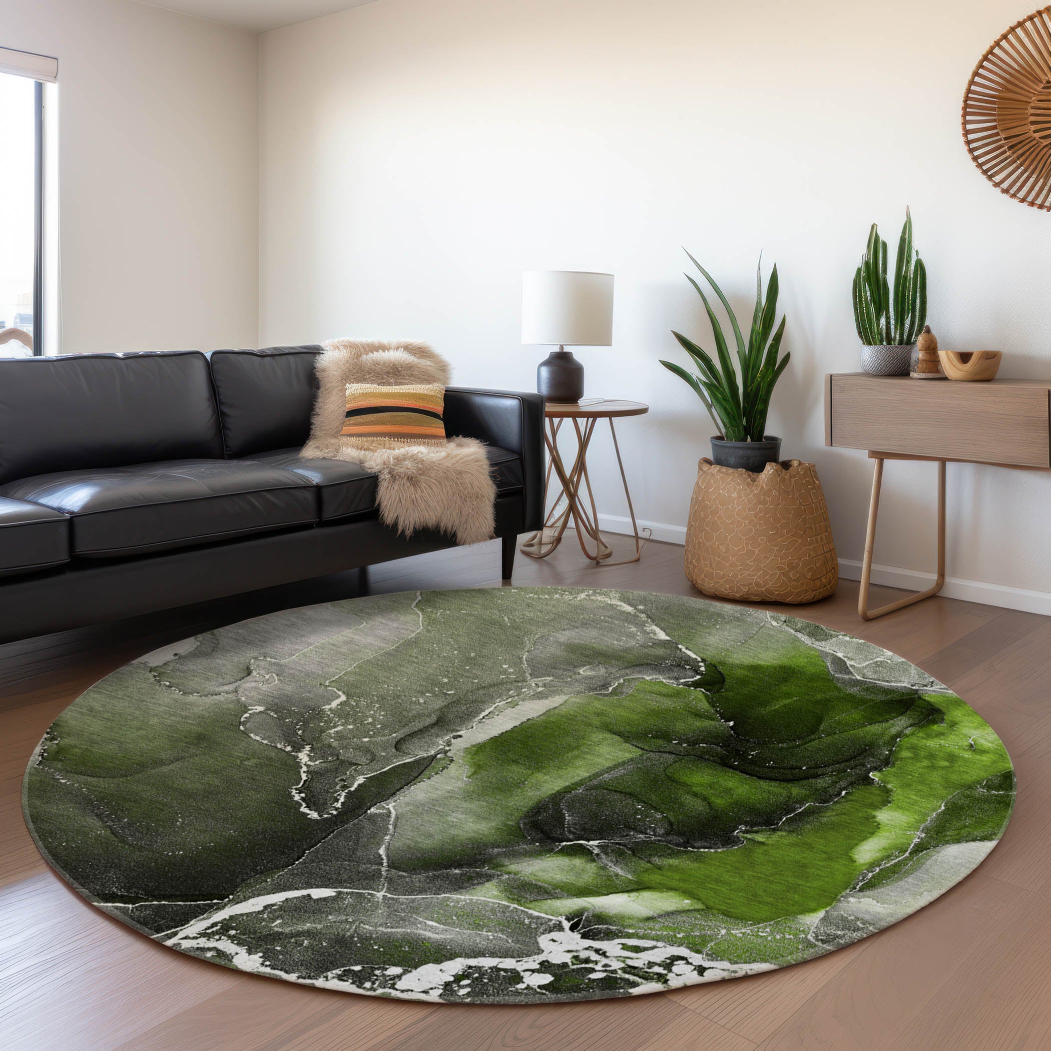 Siena Machine Washable Contemporary Green Rug 8' x 8' #shape_Round
