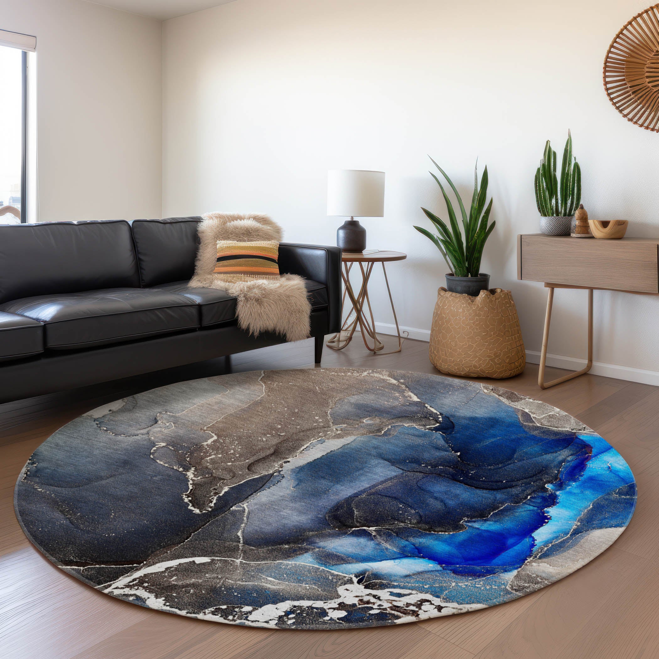Siena Machine Washable Contemporary Navy Blue Rug 8' x 8' #shape_Round
