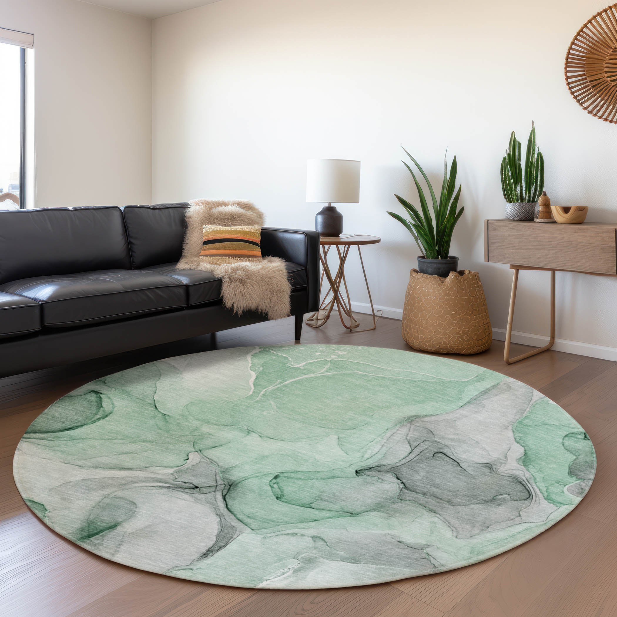 Chiang Mai Machine Washable Transitional Green Rug 8' x 8' #shape_Round
