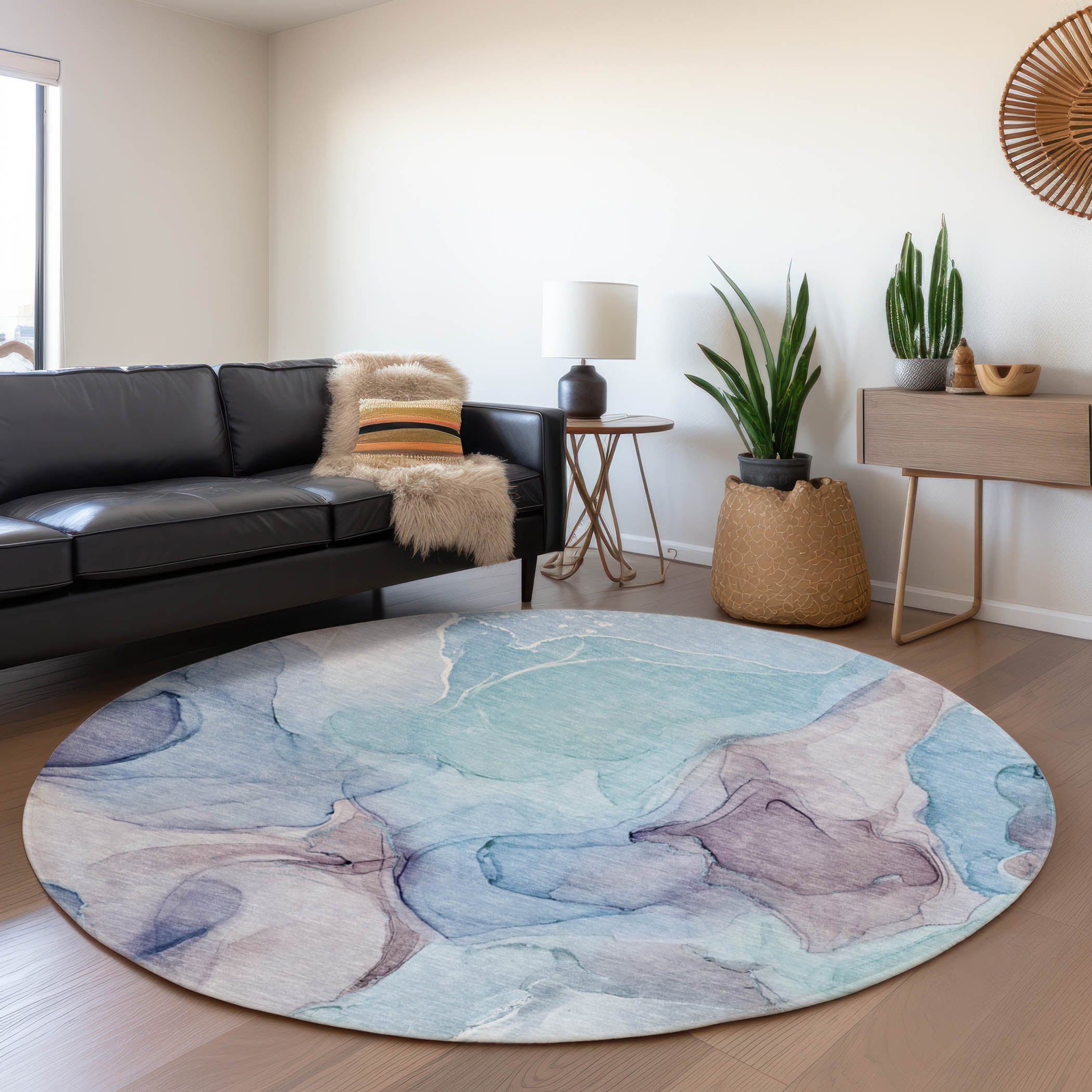 Chiang Mai Machine Washable Transitional Navy Blue Rug 8' x 8' #shape_Round