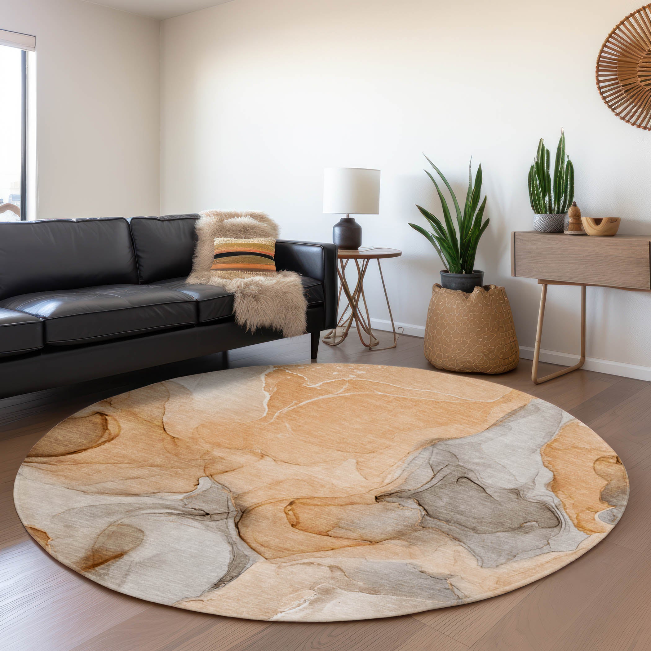 Chiang Mai Machine Washable Transitional Orange Rug 8' x 8' #shape_Round