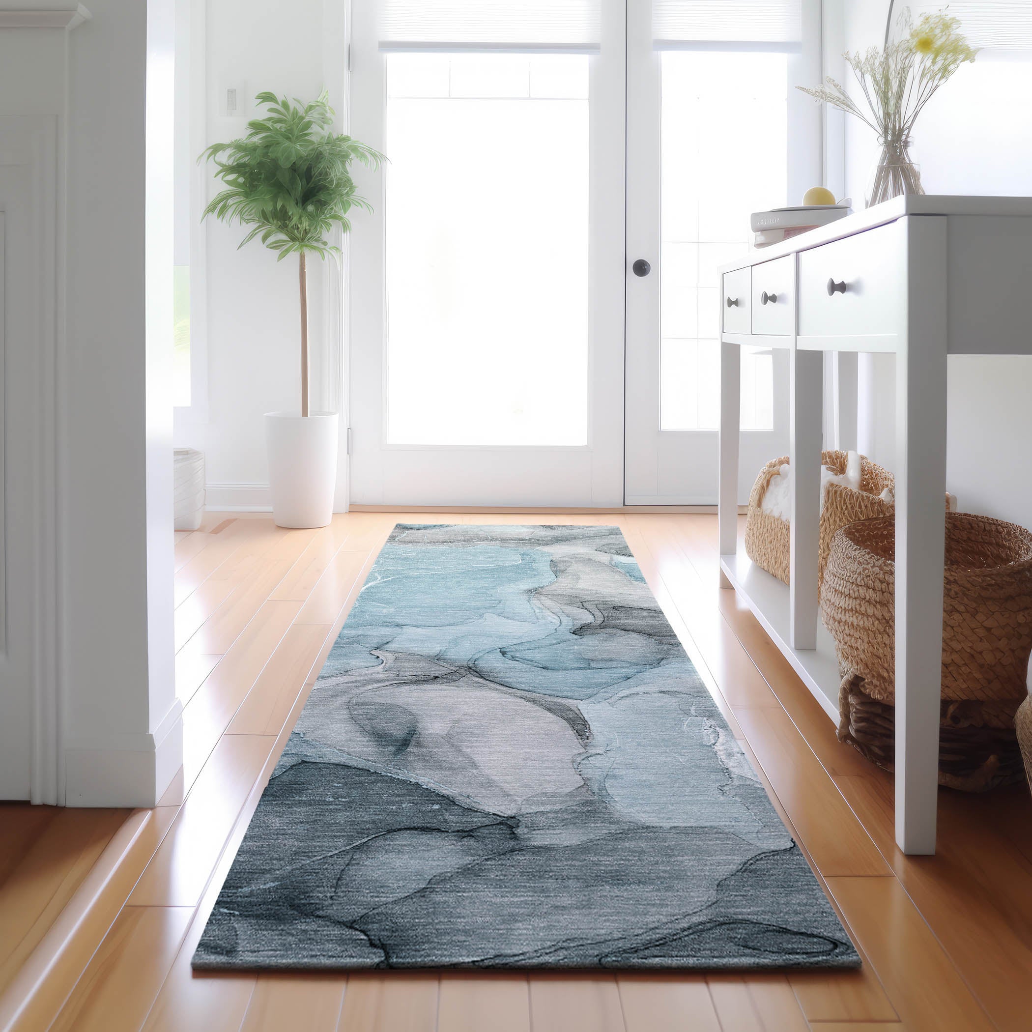Chiang Mai Machine Washable Transitional Teal Rug 2'3" x 7'6" #shape_Runner