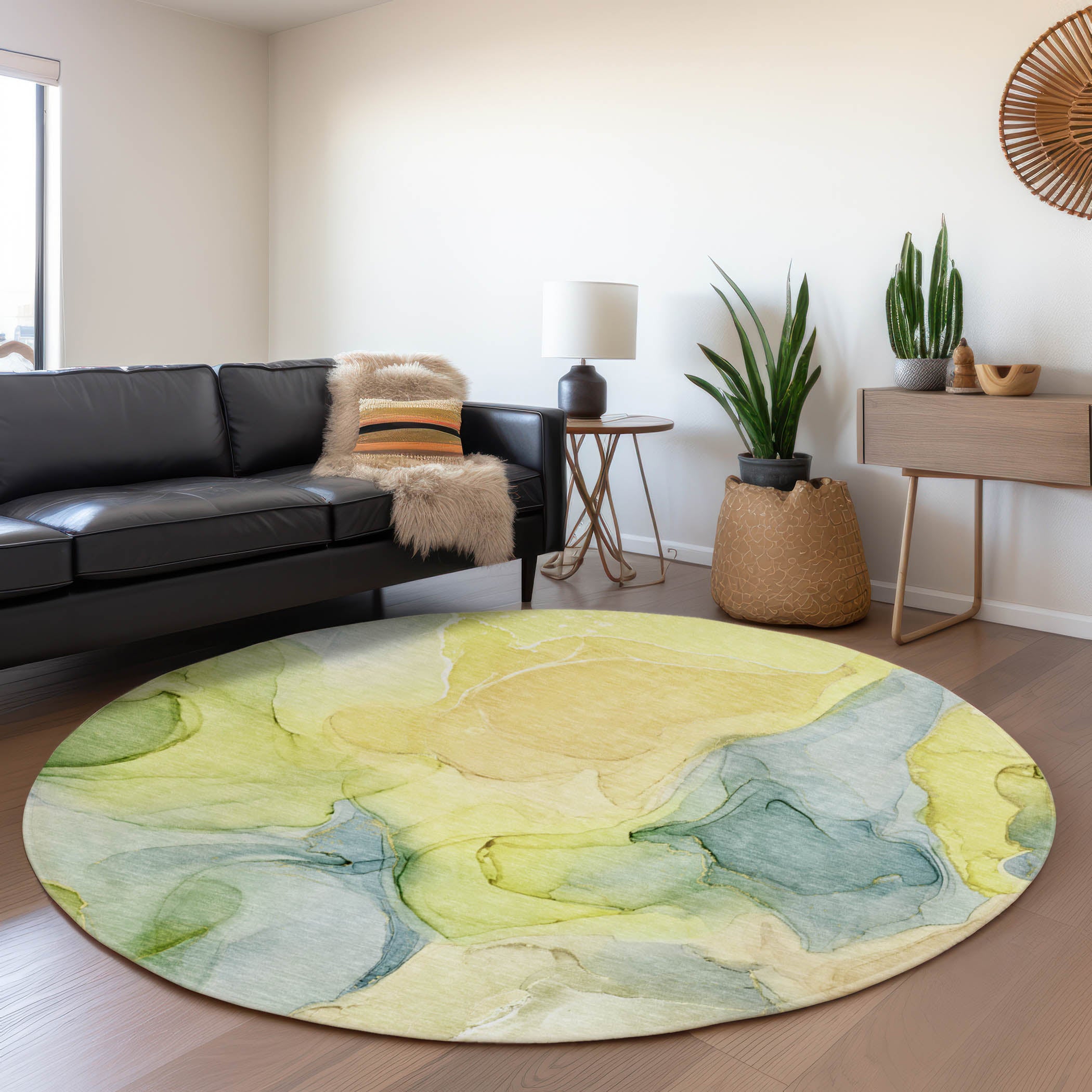 Chiang Mai Machine Washable Transitional Yellow Gold Rug 8' x 8' #shape_Round