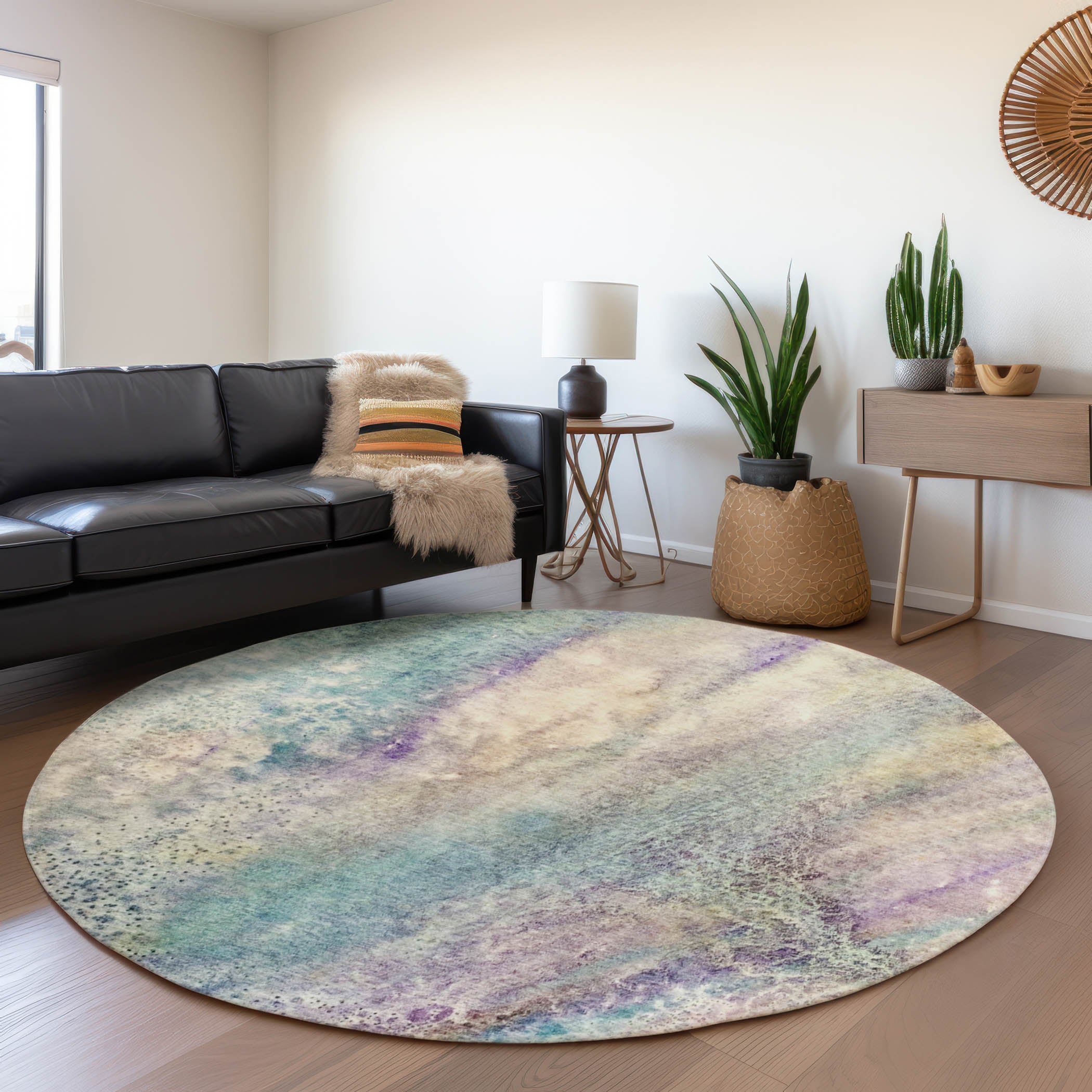 Athens Machine Washable Contemporary Blue Rug 8' x 8' #shape_Round
