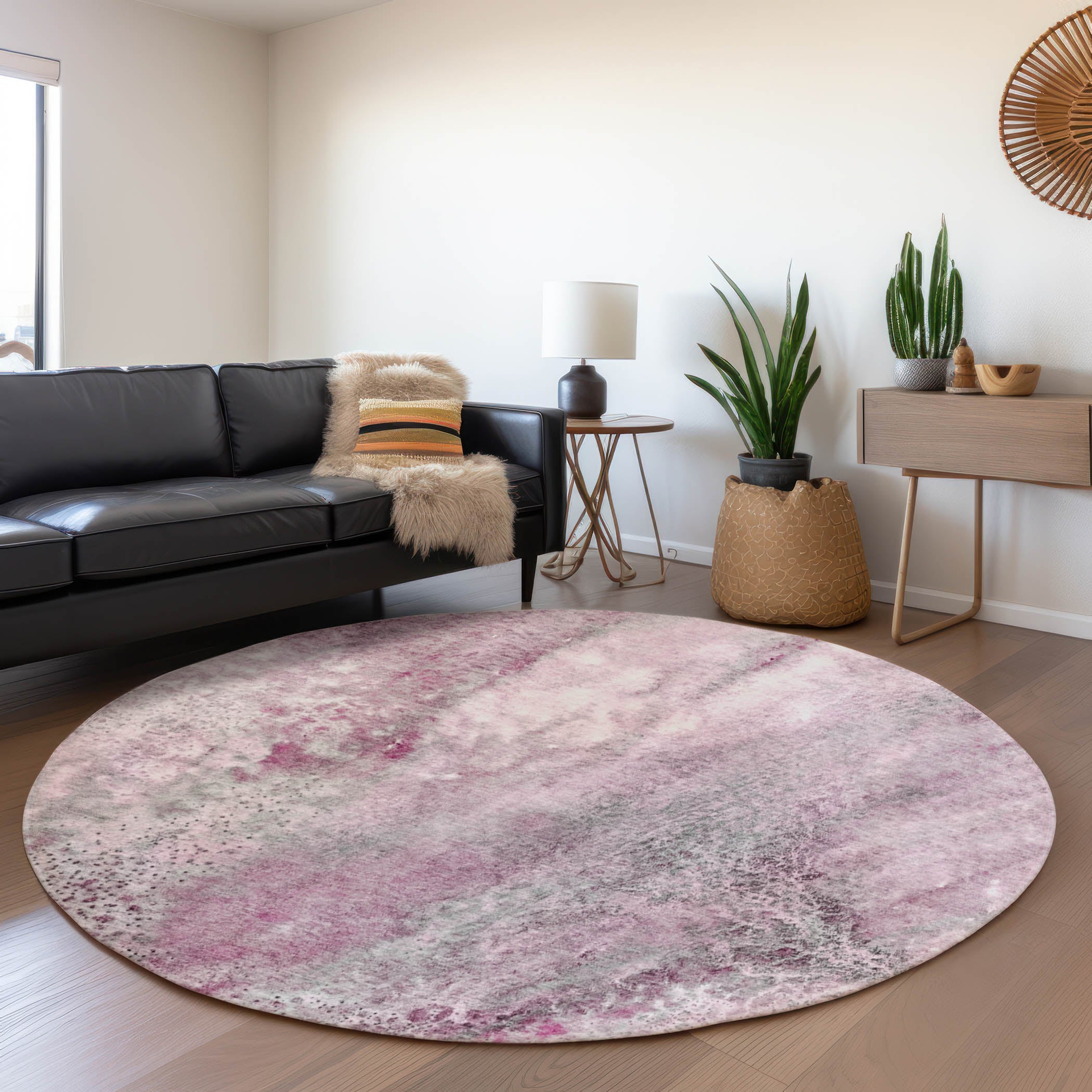 Athens Machine Washable Contemporary Pink Rug 8' x 8' #shape_Round
