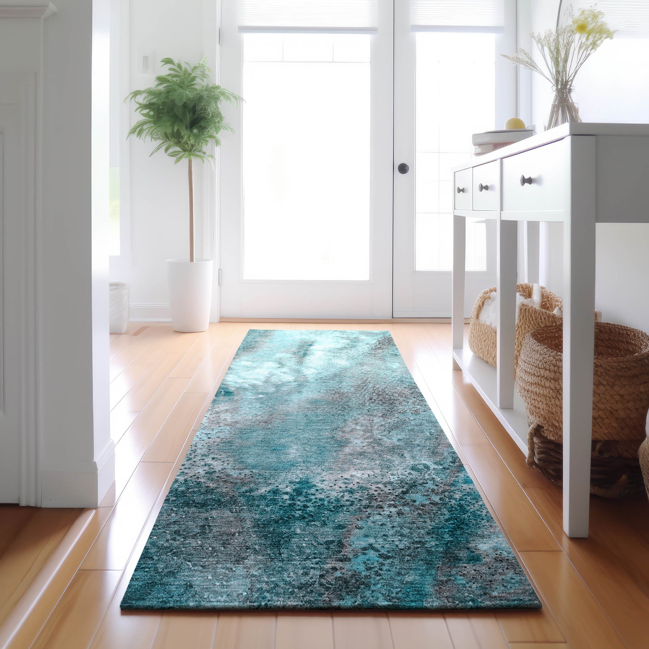 Athens Machine Washable Contemporary Teal Rug 2'3" x 7'6" #shape_Runner
