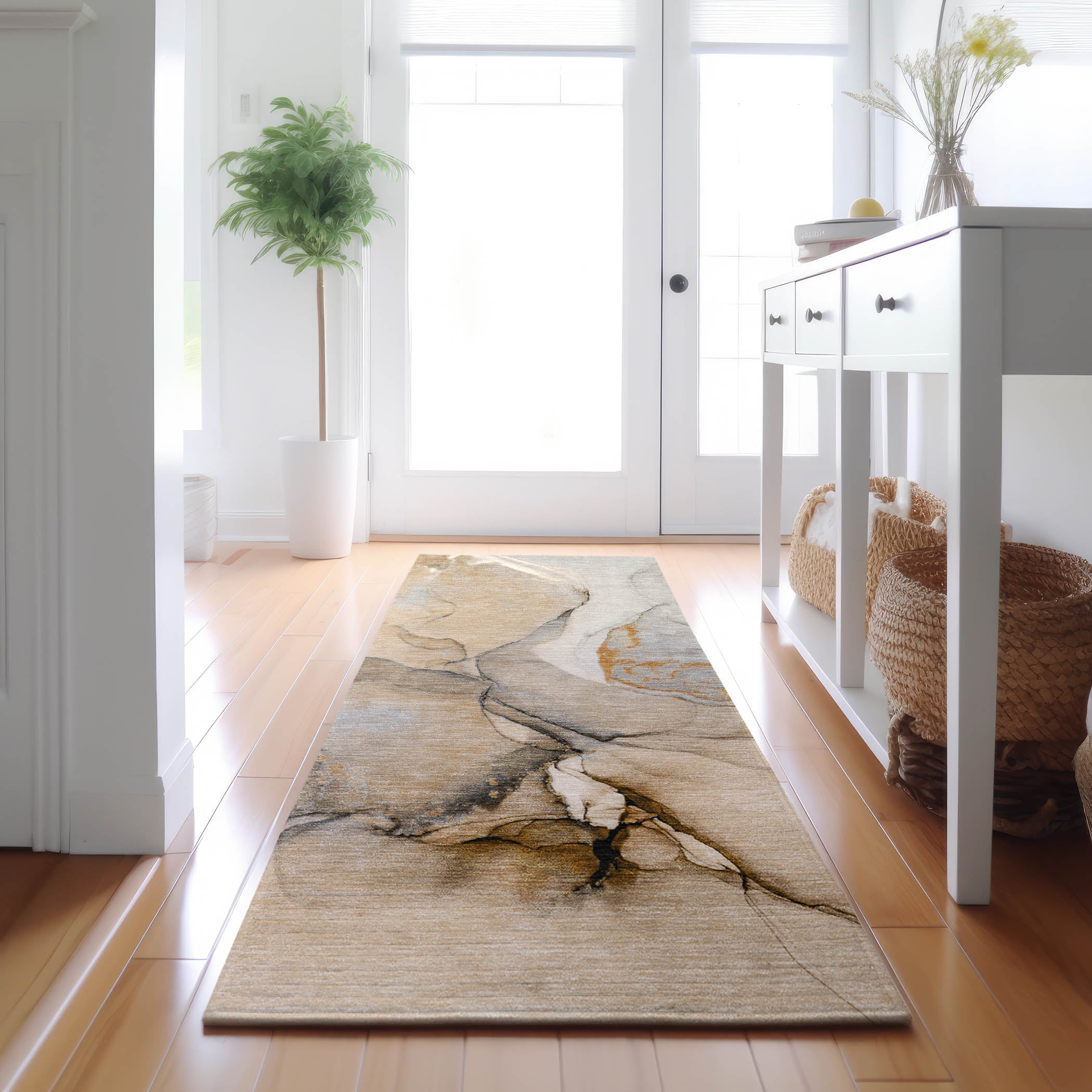 Vienna Machine Washable Transitional Beige Brown Rug 2'3" x 7'6" #shape_Runner