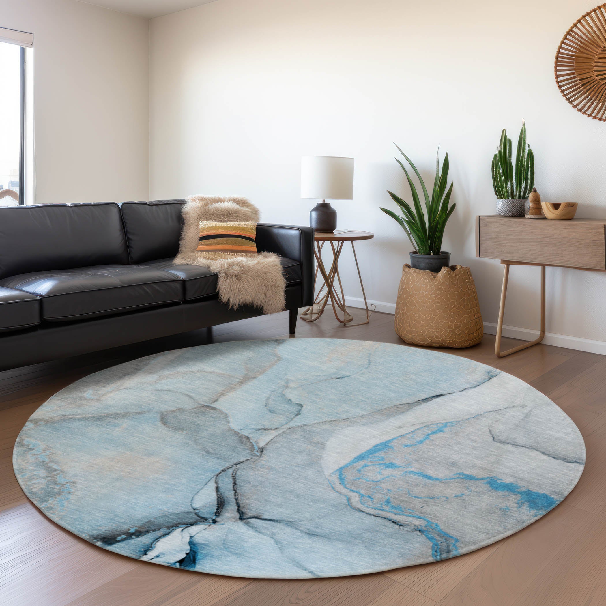 Vienna Machine Washable Transitional Blue Rug 8' x 8' #shape_Round