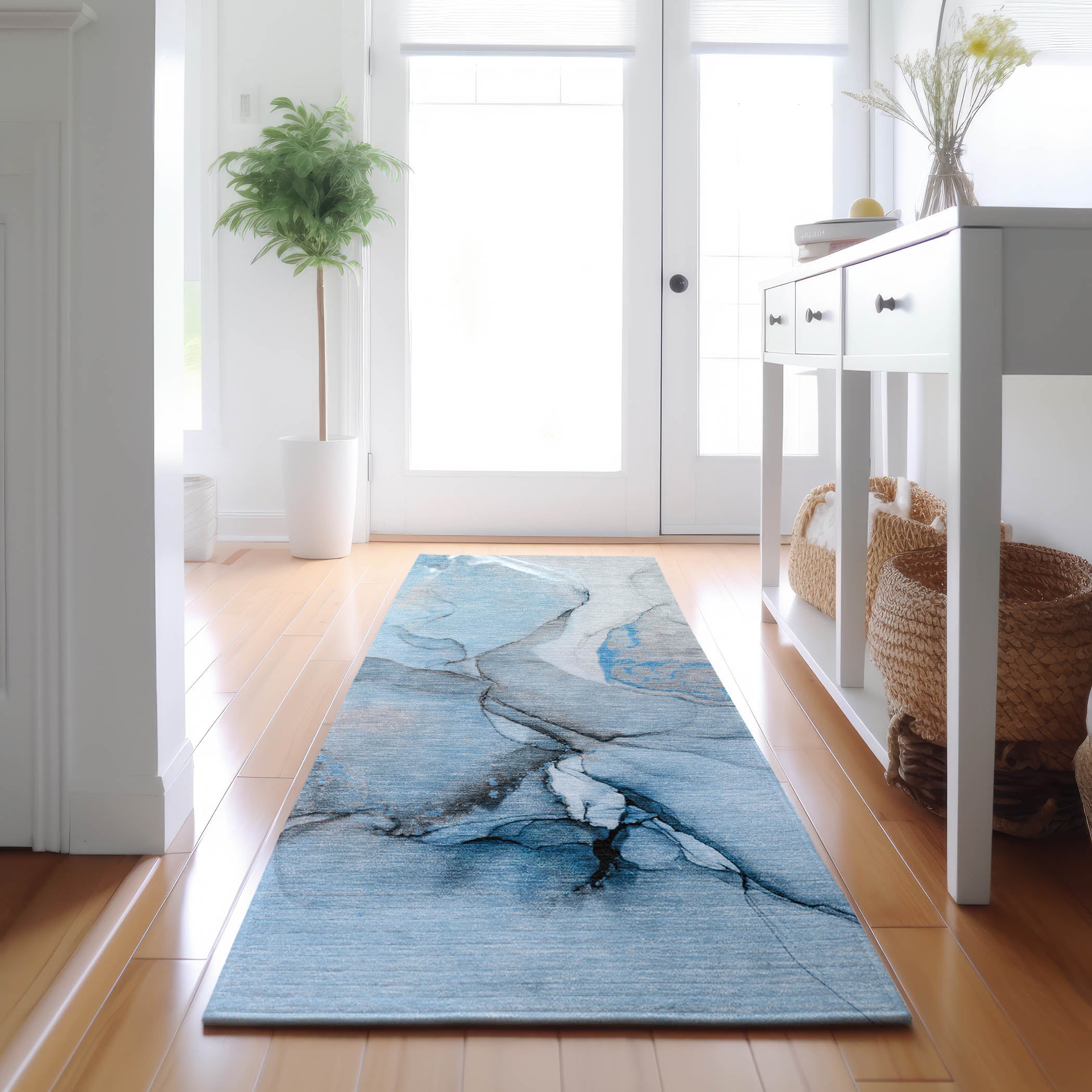 Vienna Machine Washable Transitional Blue Rug 2'3" x 7'6" #shape_Runner