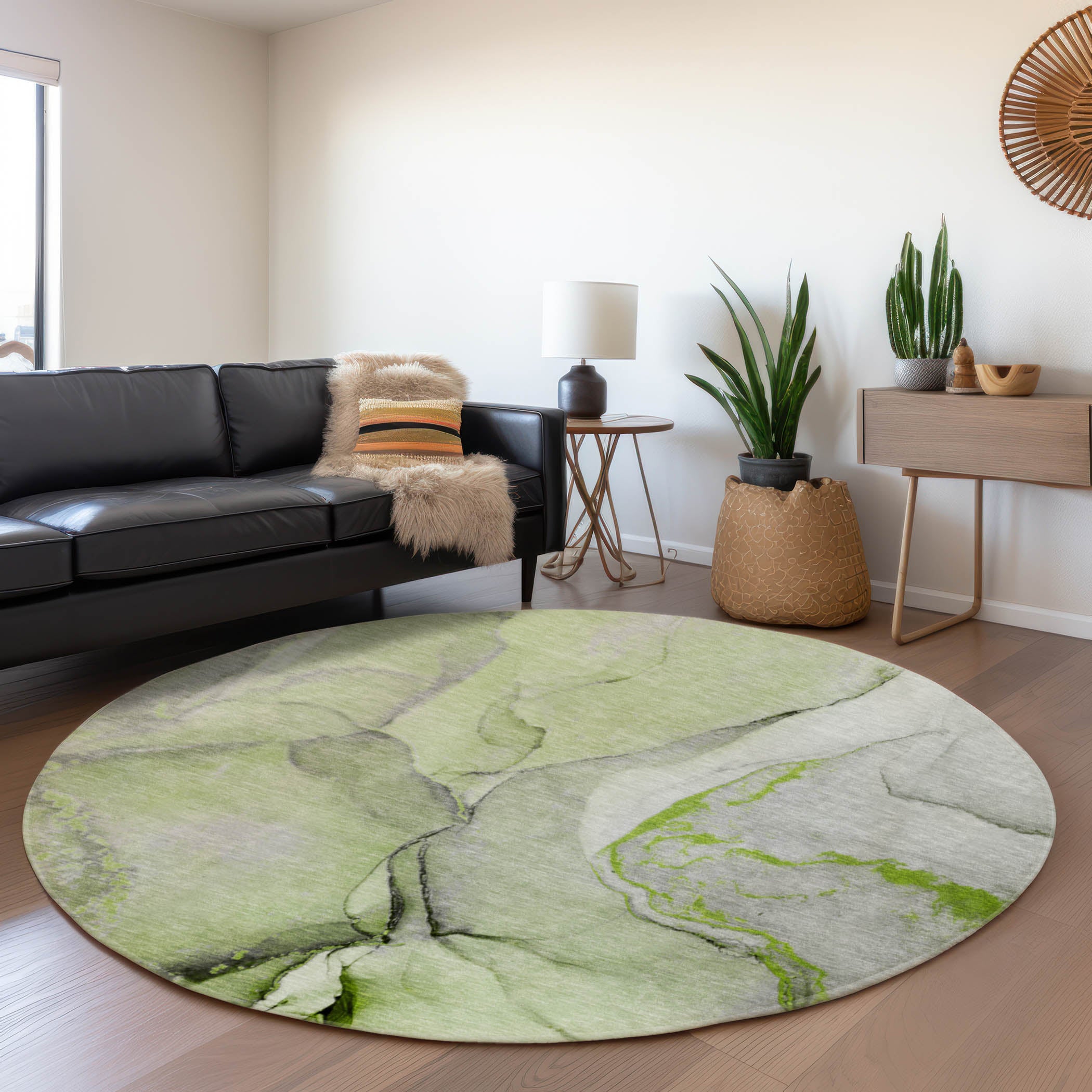 Vienna Machine Washable Transitional Green Rug 8' x 8' #shape_Round