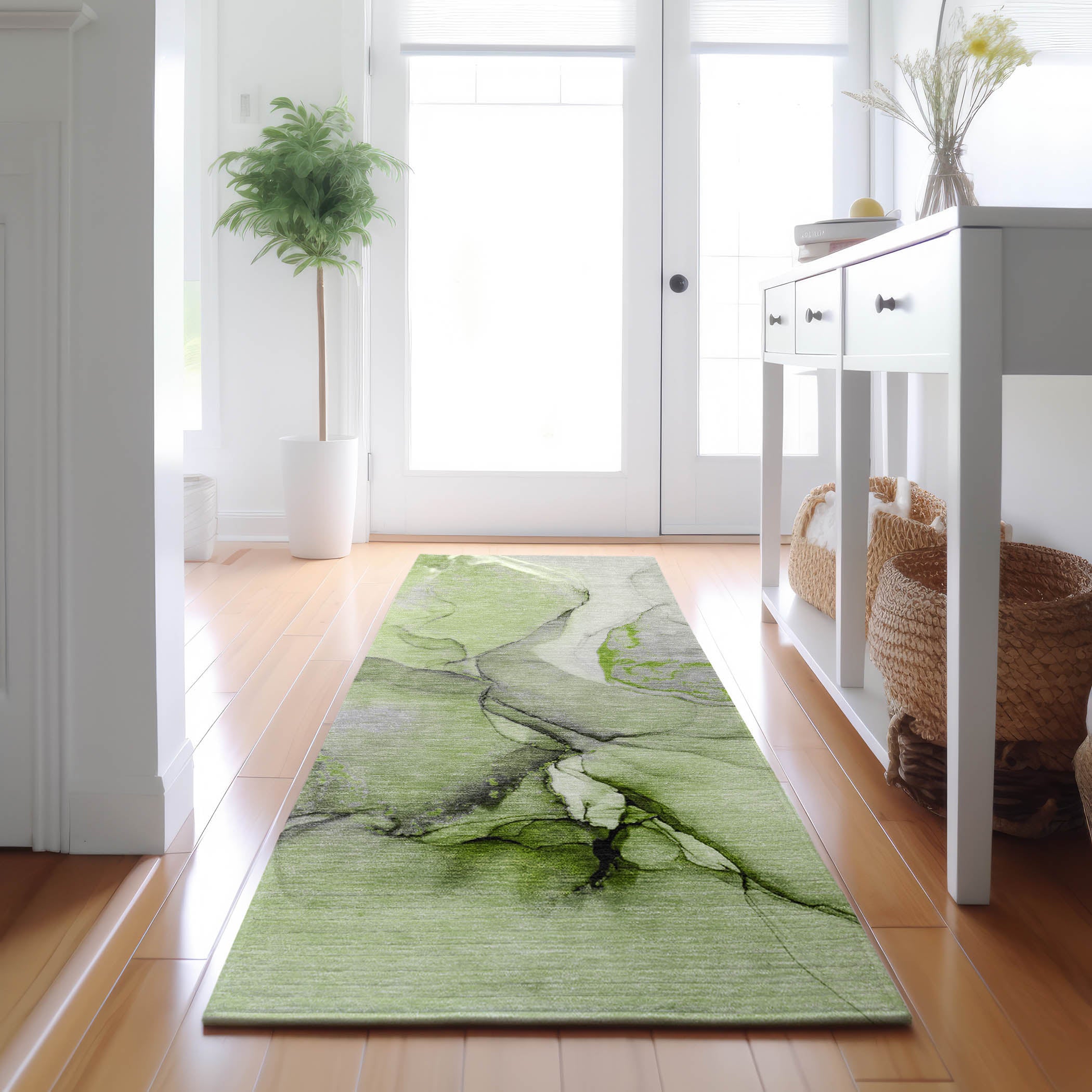 Vienna Machine Washable Transitional Green Rug 2'3" x 7'6" #shape_Runner