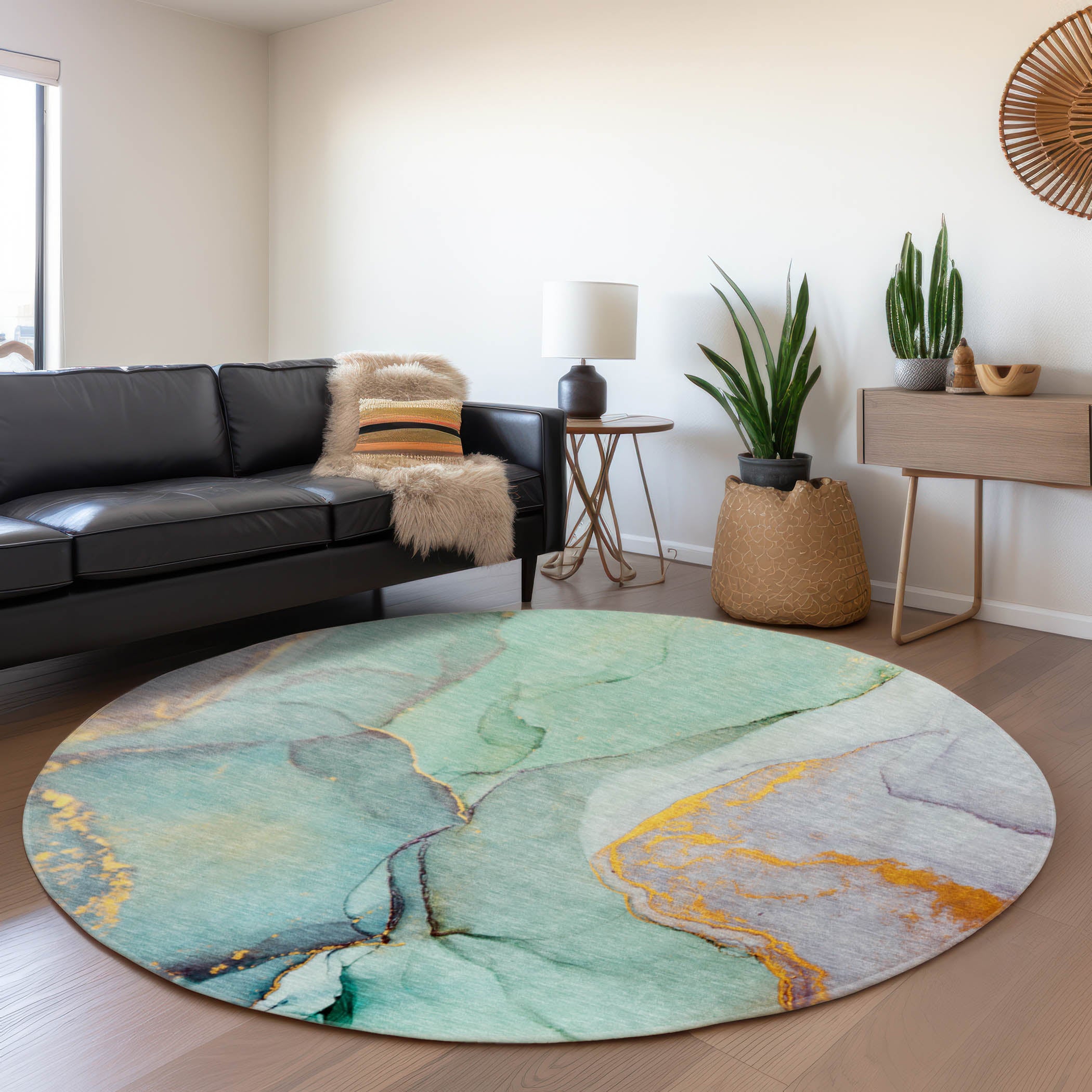Vienna Machine Washable Transitional Teal Rug 8' x 8' #shape_Round