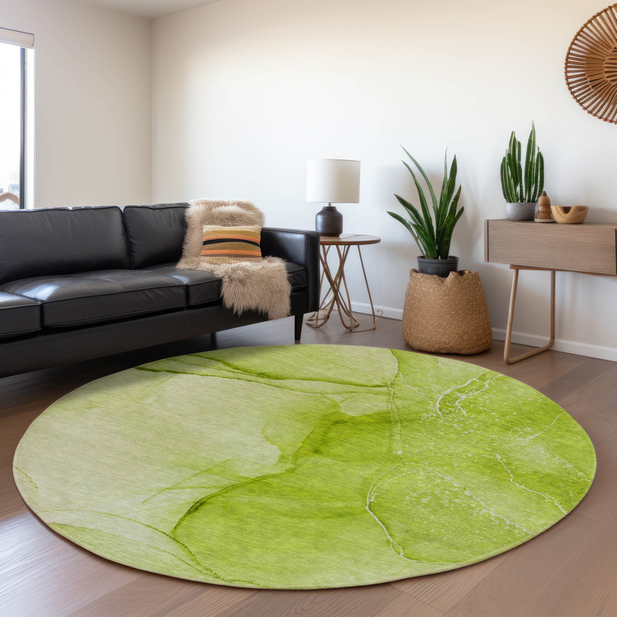 Seoul Machine Washable Transitional Green Rug 8' x 8' #shape_Round