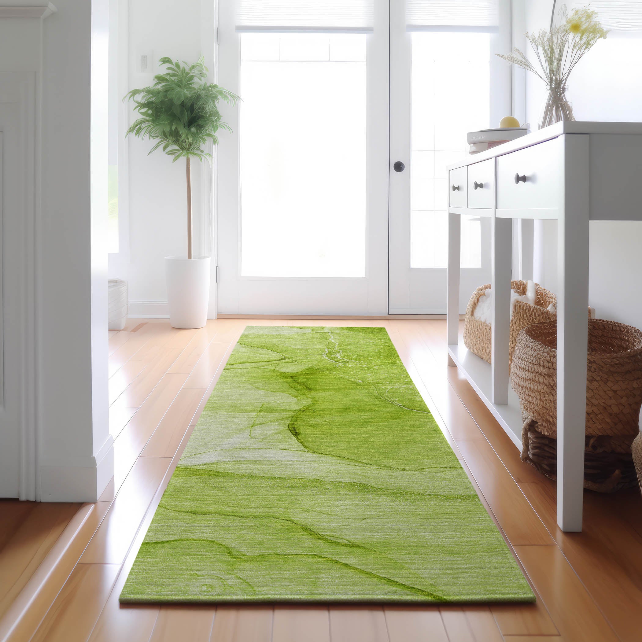 Seoul Machine Washable Transitional Green Rug 2'3" x 7'6" #shape_Runner