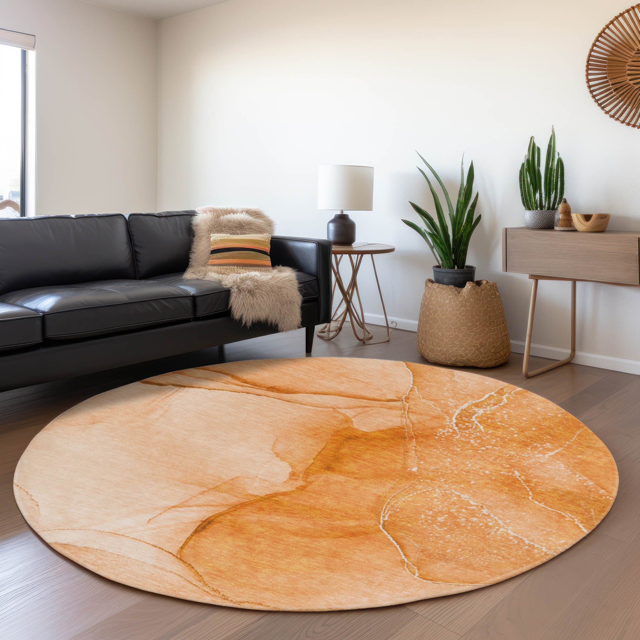 Seoul Machine Washable Transitional Orange Rug 8' x 8' #shape_Round