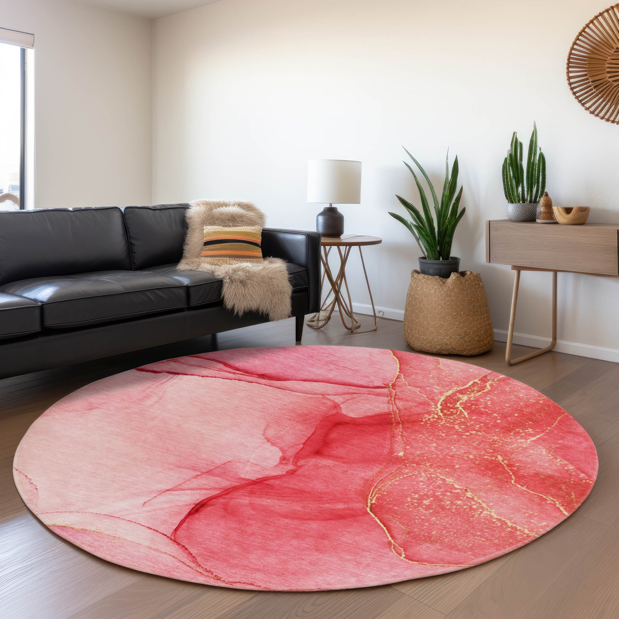 Seoul Machine Washable Transitional Pink Rug 8' x 8' #shape_Round