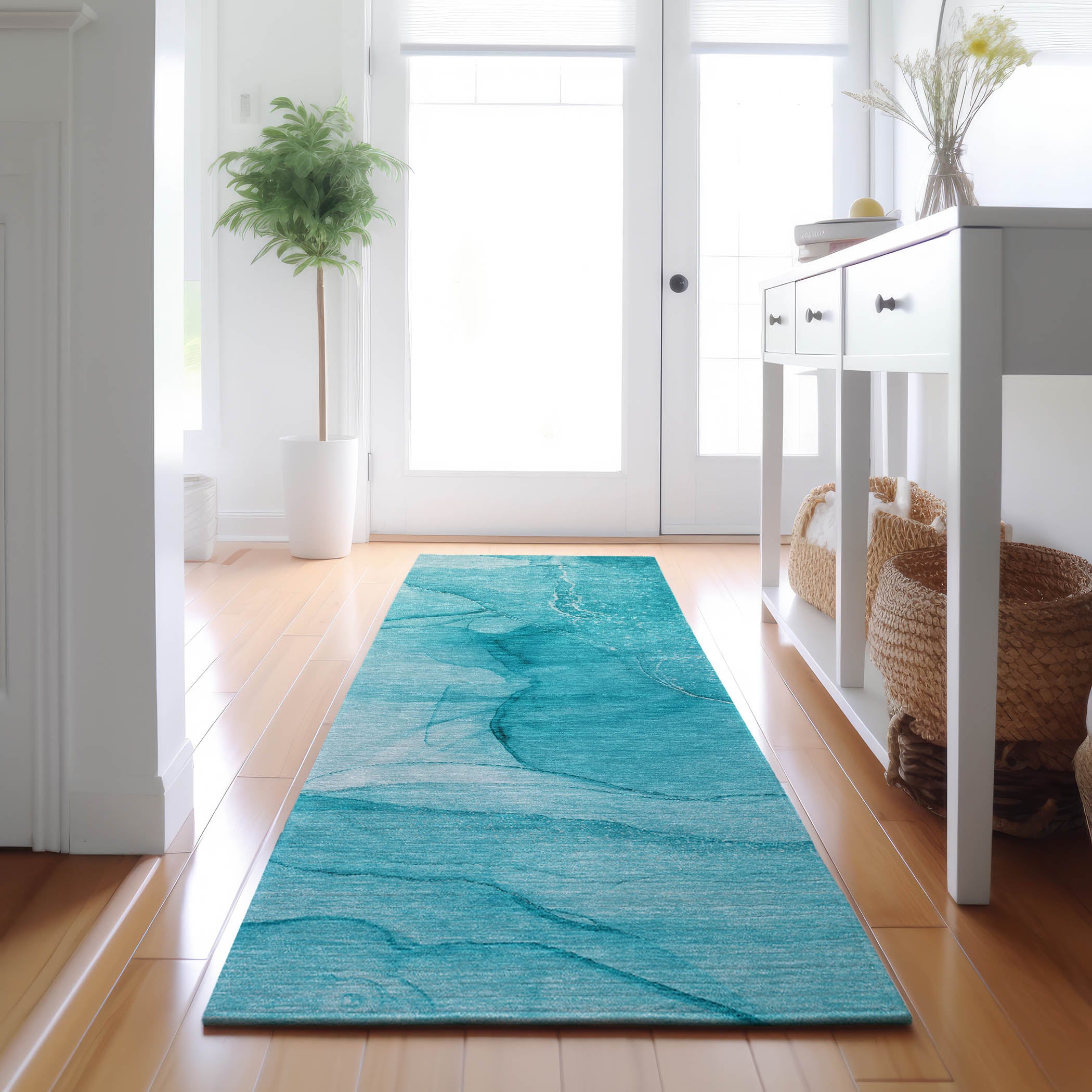 Seoul Machine Washable Transitional Teal Rug 2'3" x 7'6" #shape_Runner