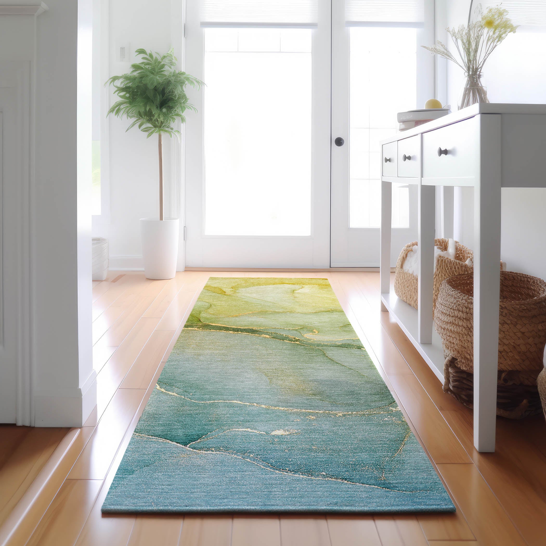 Salzburg Machine Washable Transitional Green Rug 2'3" x 7'6" #shape_Runner