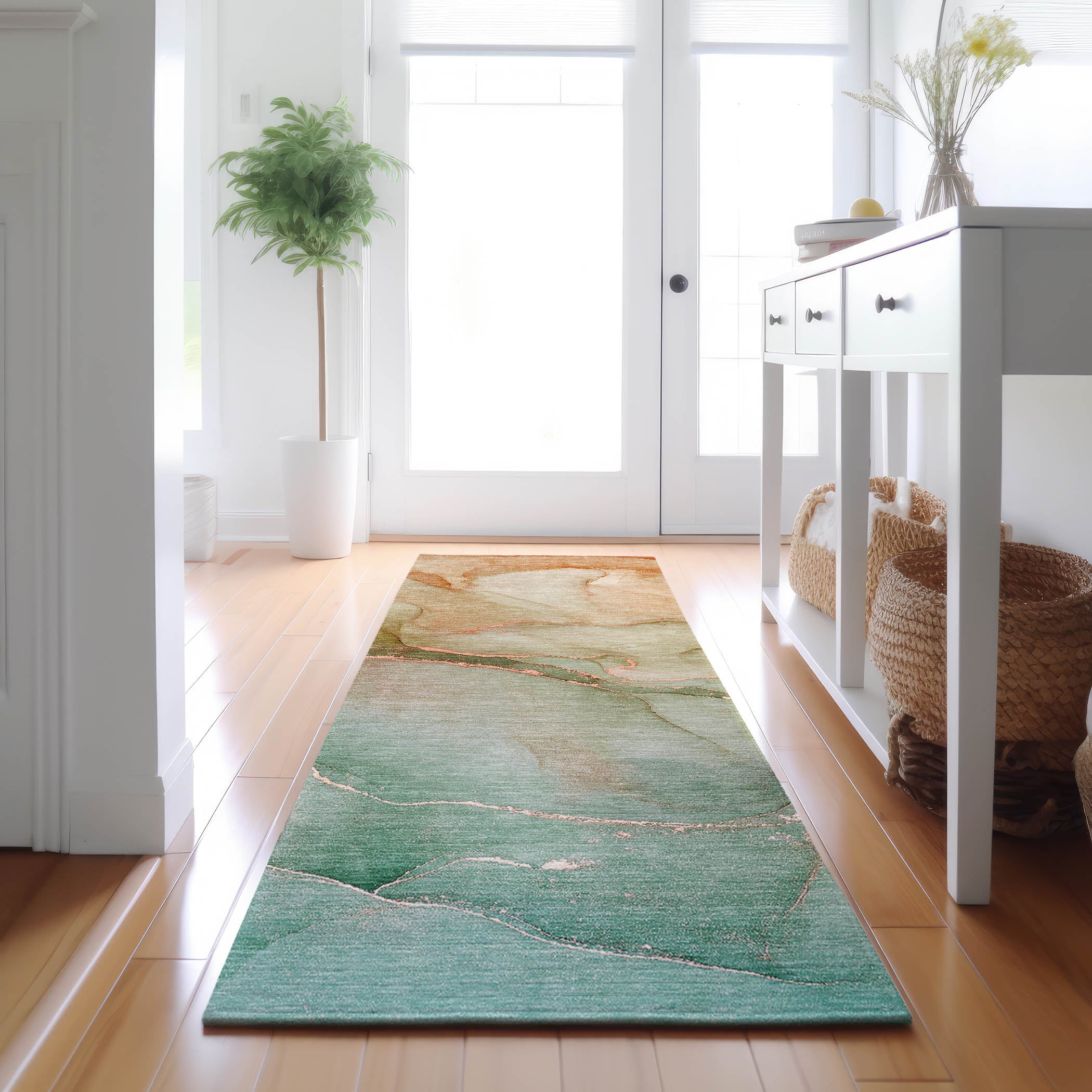 Salzburg Machine Washable Transitional Teal Rug 2'3" x 7'6" #shape_Runner