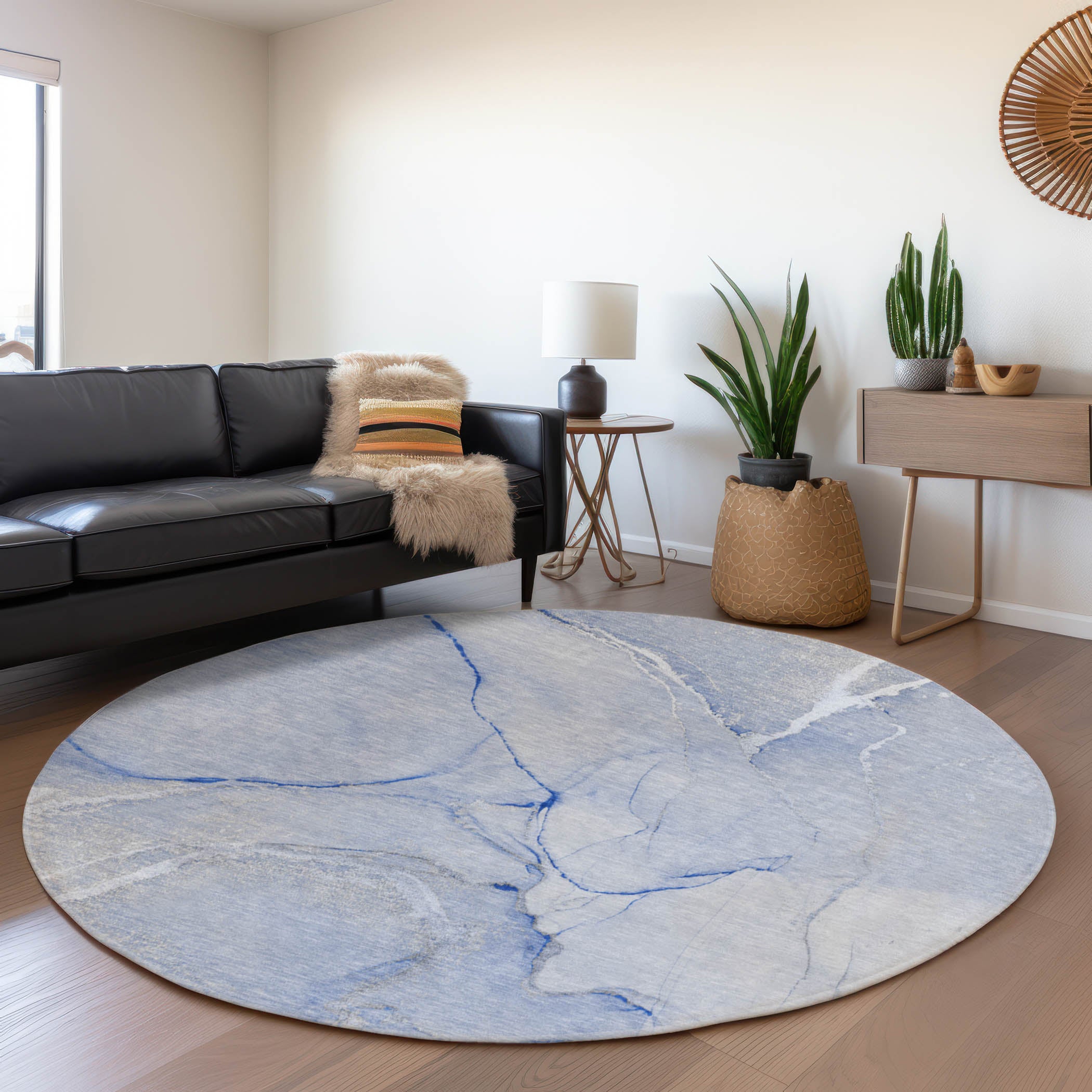 Prague Machine Washable Transitional Blue Rug 8' x 8' #shape_Round