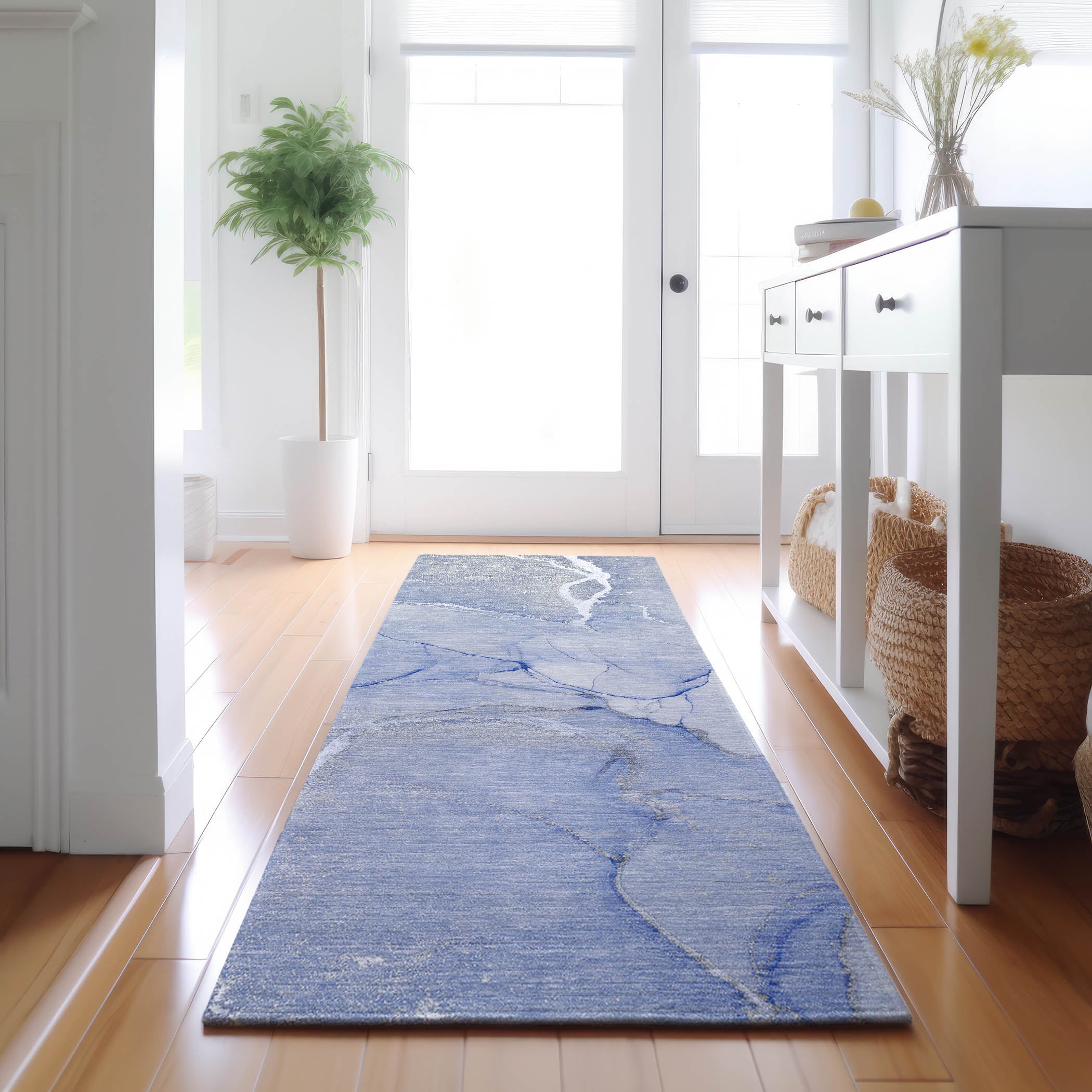 Prague Machine Washable Transitional Blue Rug 2'3" x 7'6" #shape_Runner