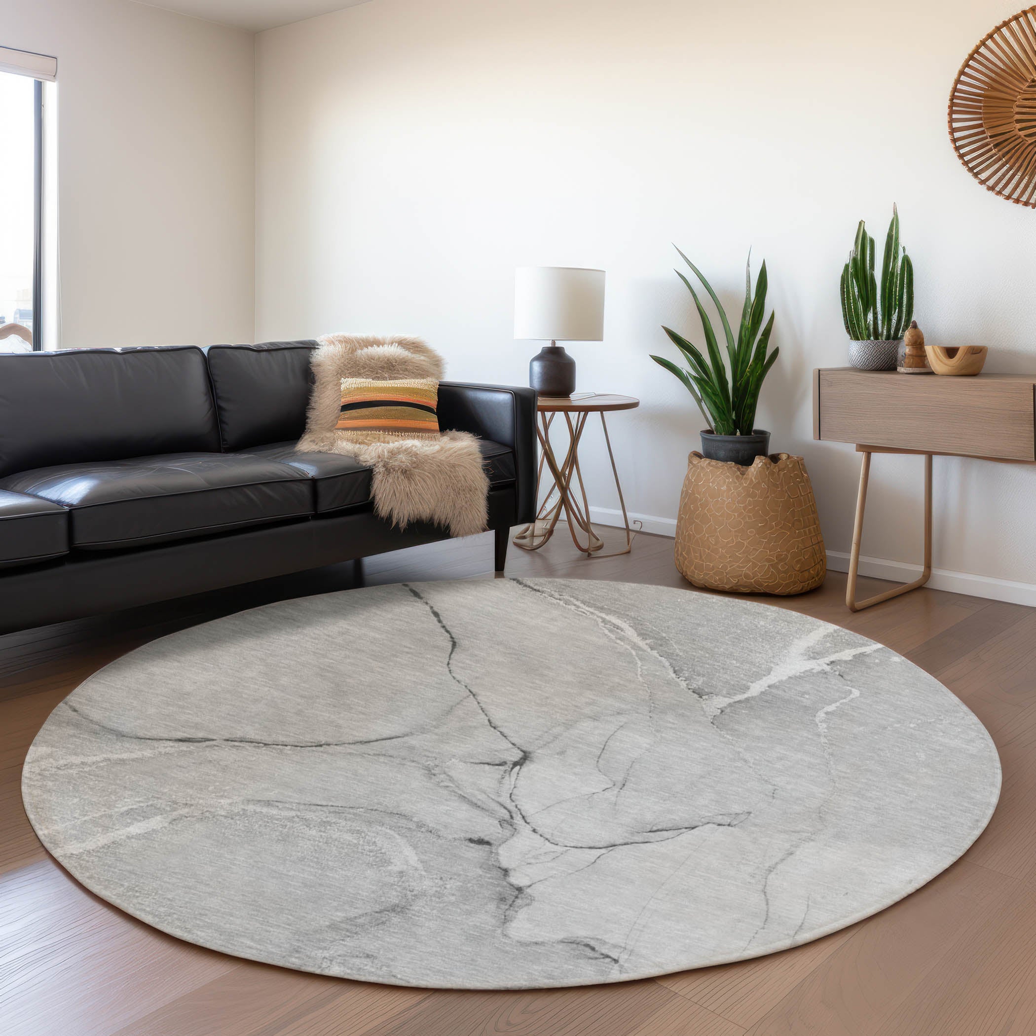 Prague Machine Washable Transitional Gray Rug 8' x 8' #shape_Round
