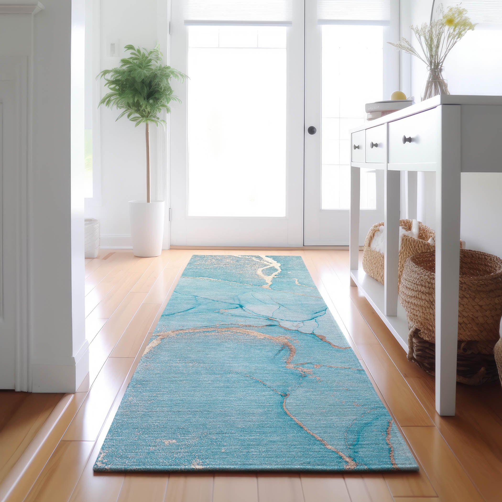 Prague Machine Washable Transitional Teal Rug 2'3" x 7'6" #shape_Runner