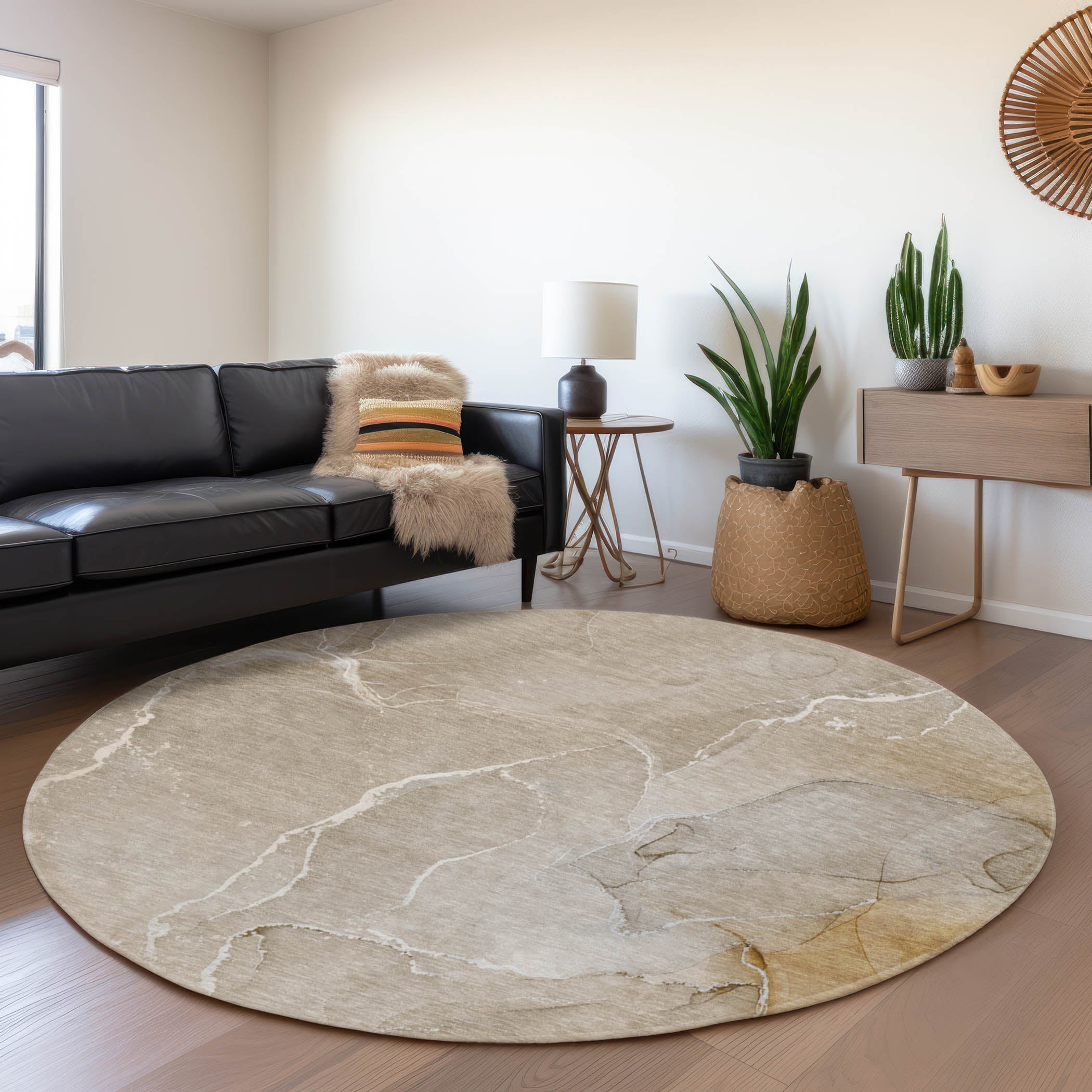 Cairo Machine Washable Transitional Beige Brown Rug 8' x 8' #shape_Round