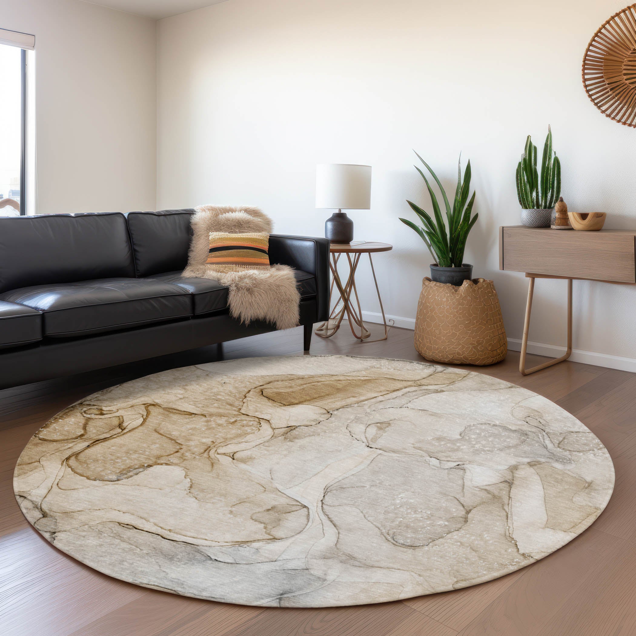 Jaipur Machine Washable Transitional Beige Brown Rug 8' x 8' #shape_Round