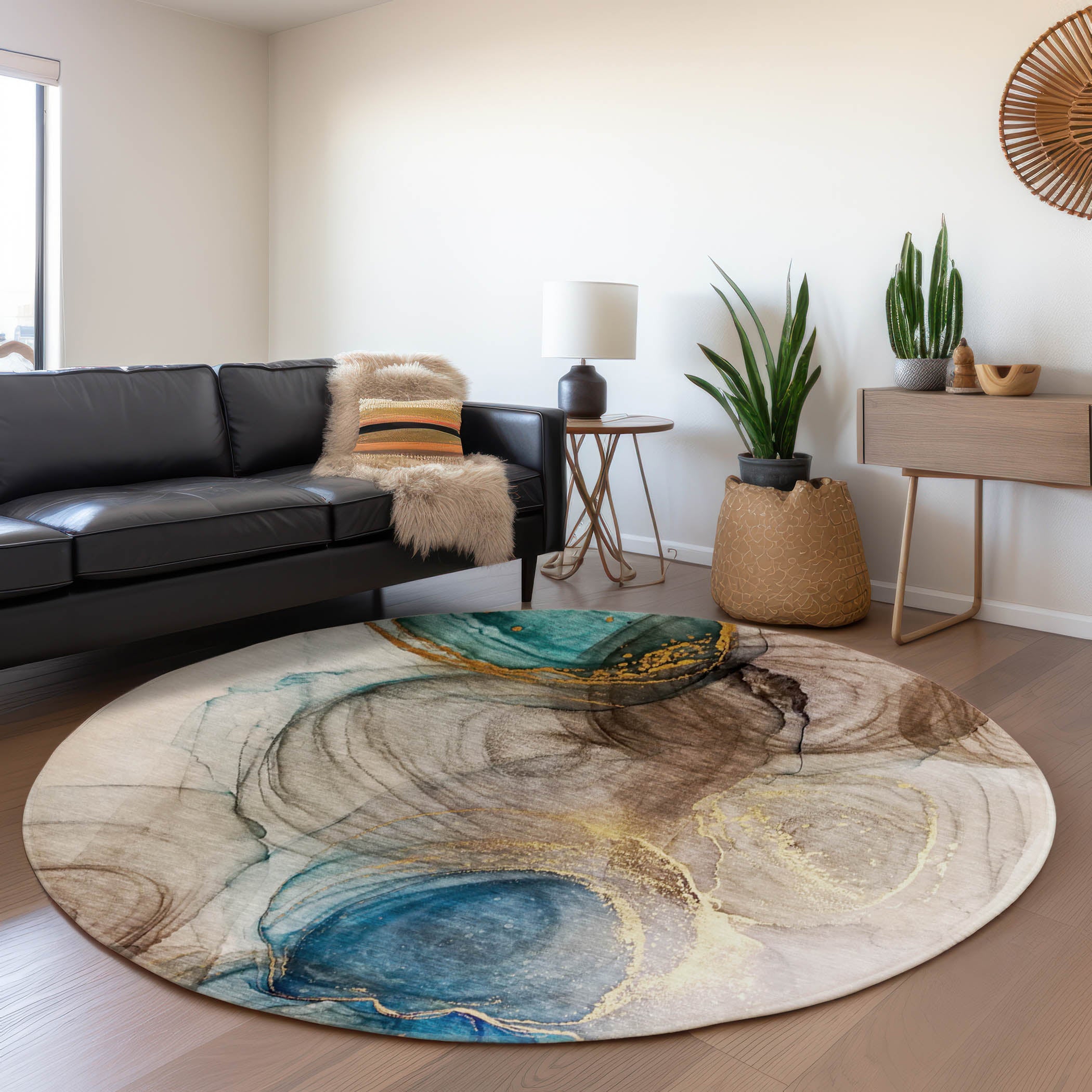 Lima Machine Washable Transitional Beige Brown Rug 8' x 8' #shape_Round