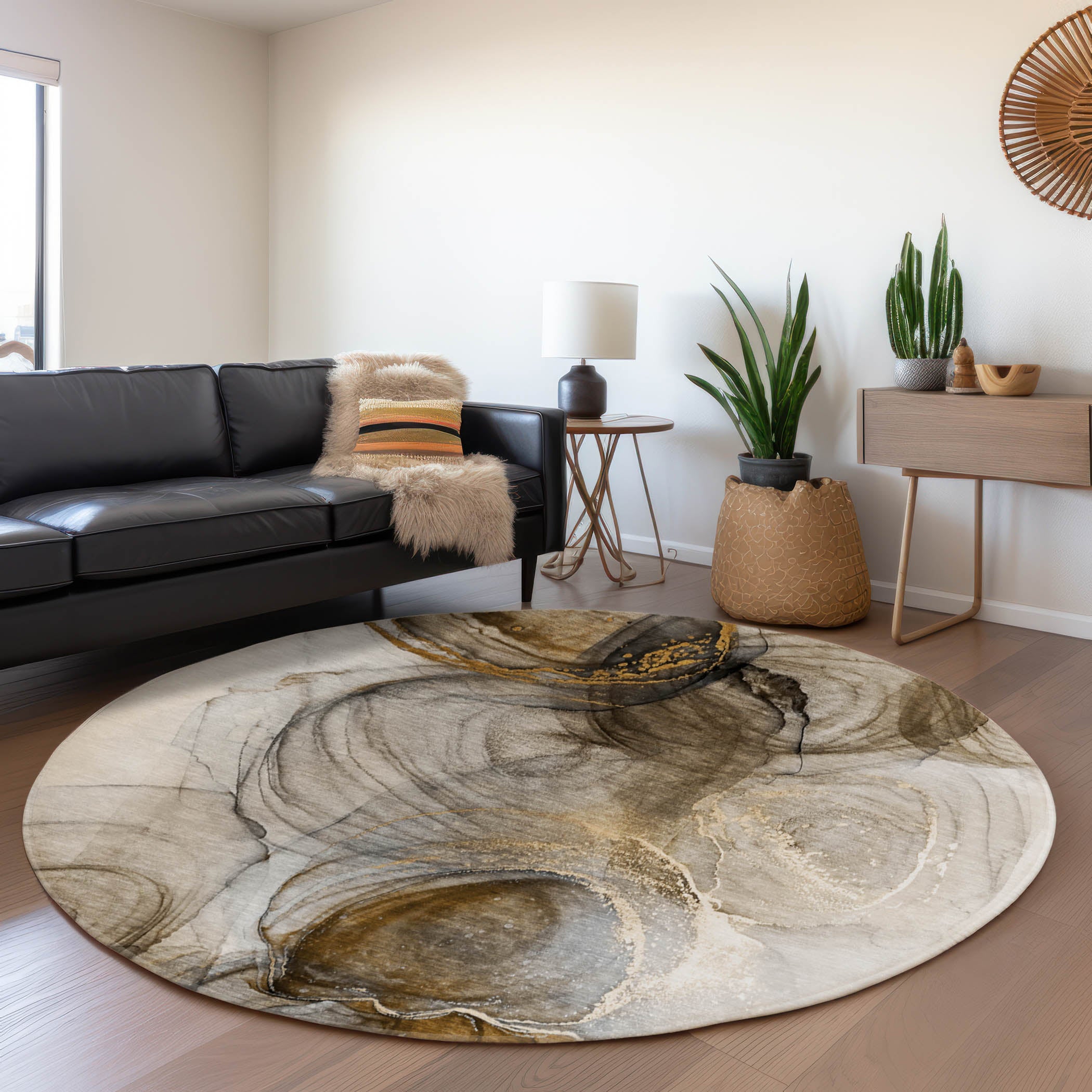 Lima Machine Washable Transitional Brown Rug 8' x 8' #shape_Round