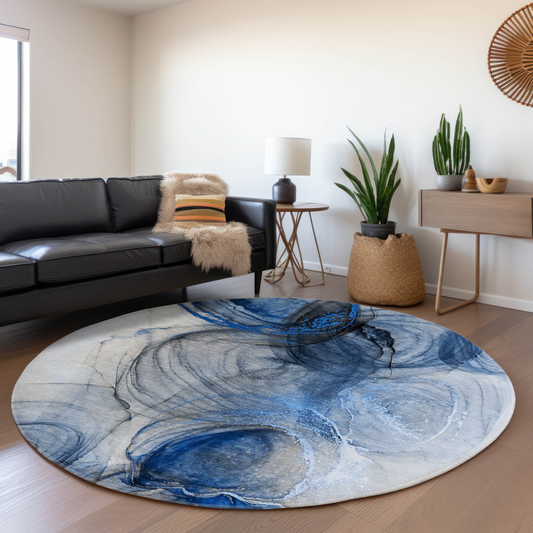 Lima Machine Washable Transitional Navy Blue Rug 8' x 8' #shape_Round