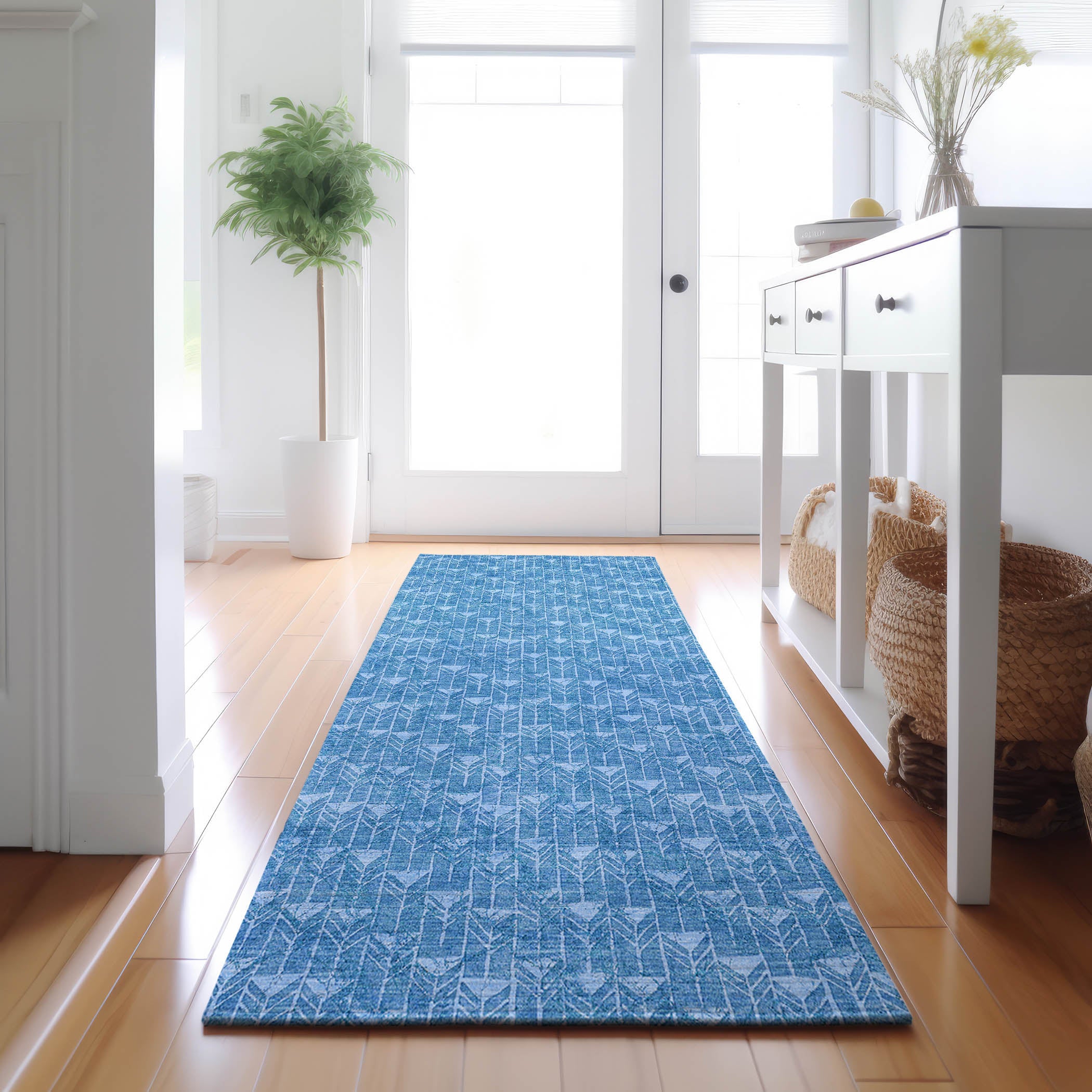 Hoi An Machine Washable Transitional Blue Rug 2'3" x 7'6" #shape_Runner
