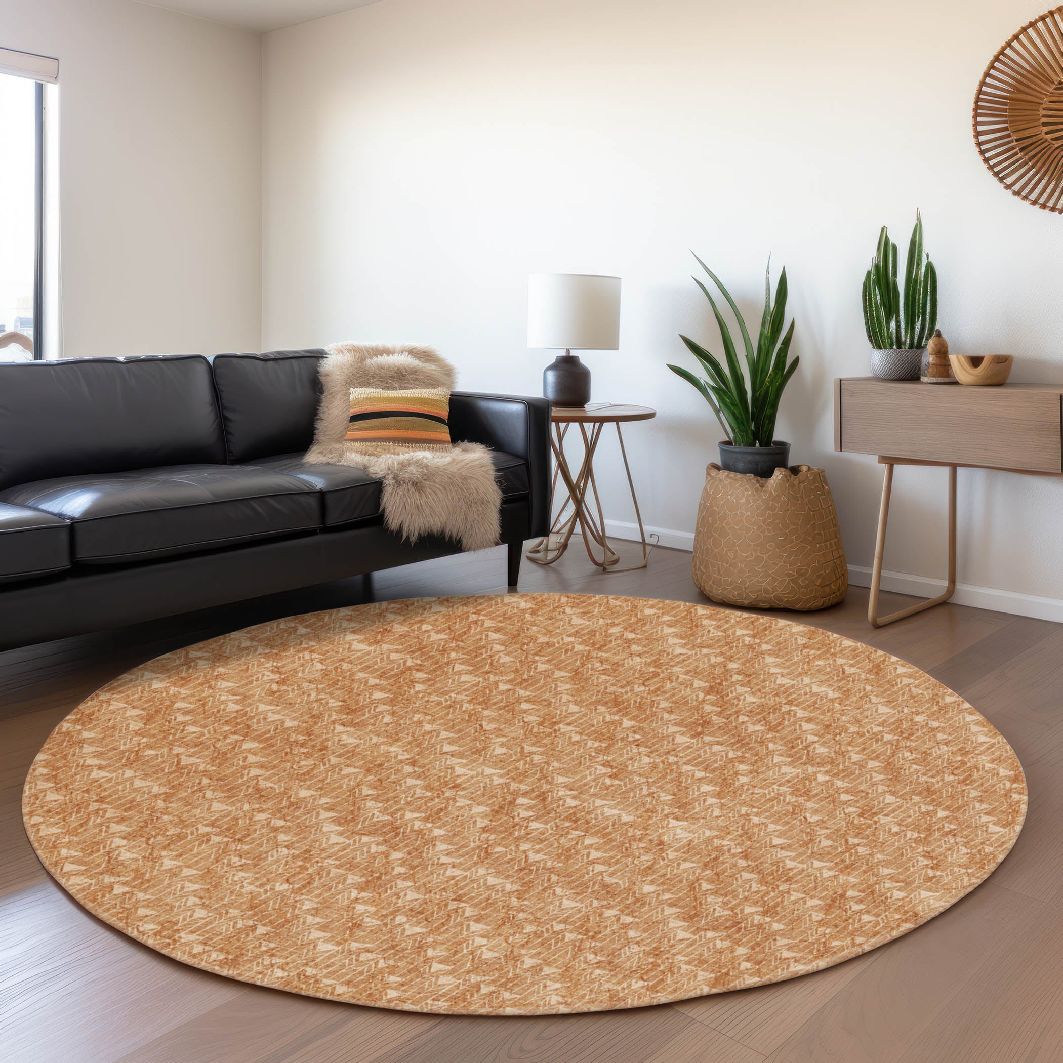 Hoi An Machine Washable Transitional Salmon Orange Rug 8' x 8' #shape_Round