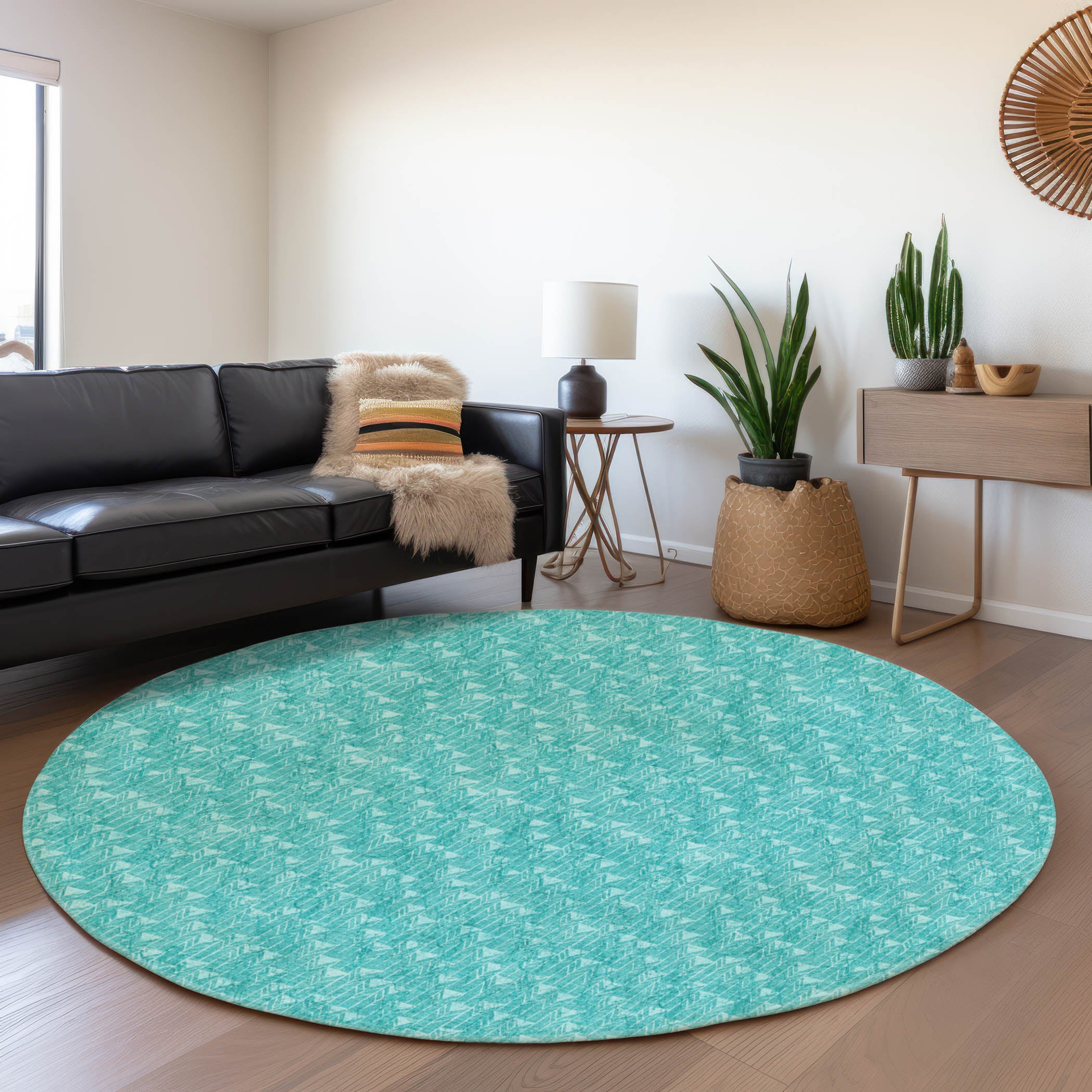 Hoi An Machine Washable Transitional Teal Rug 8' x 8' #shape_Round
