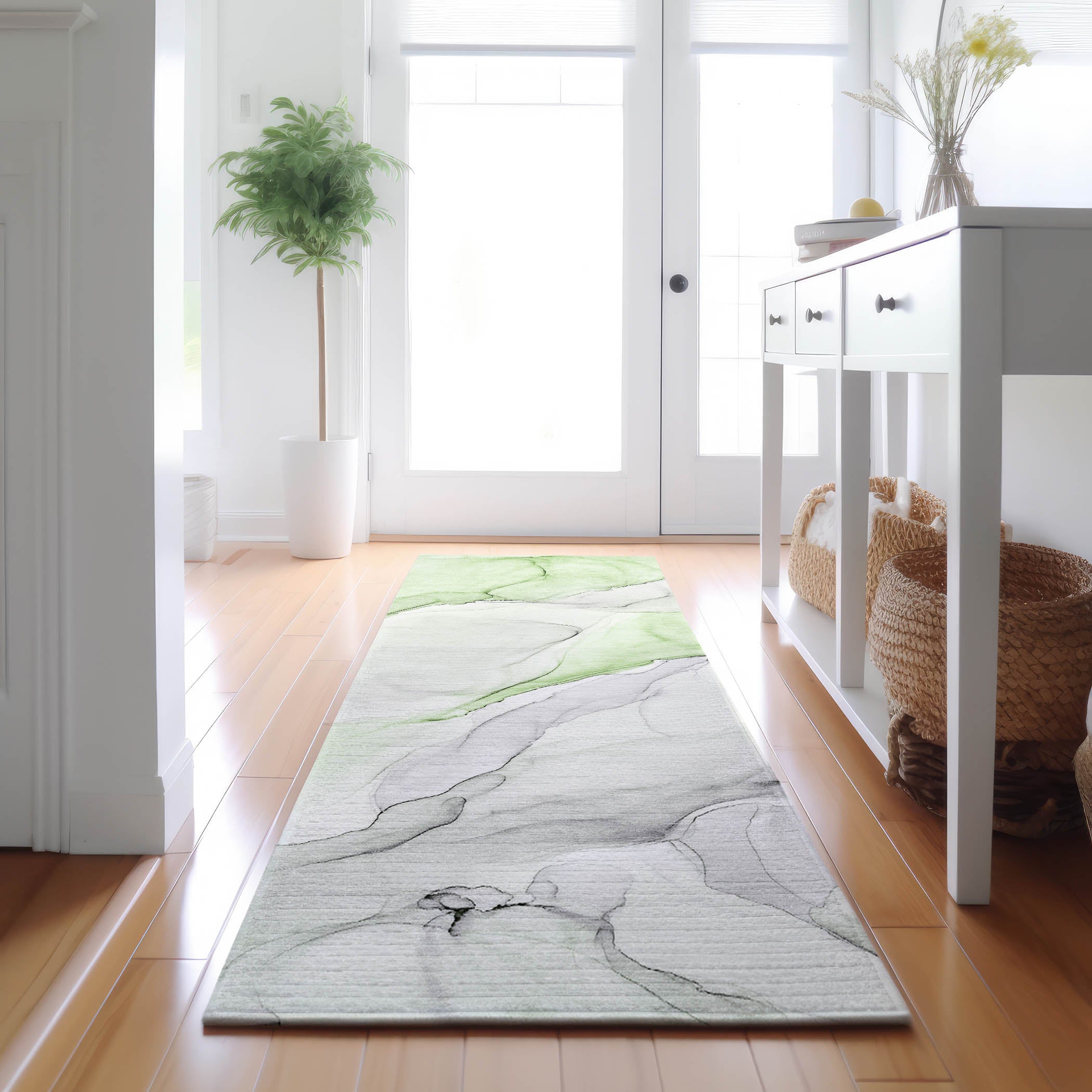 Porto Machine Washable Transitional Green Rug 2'3" x 7'6" #shape_Runner