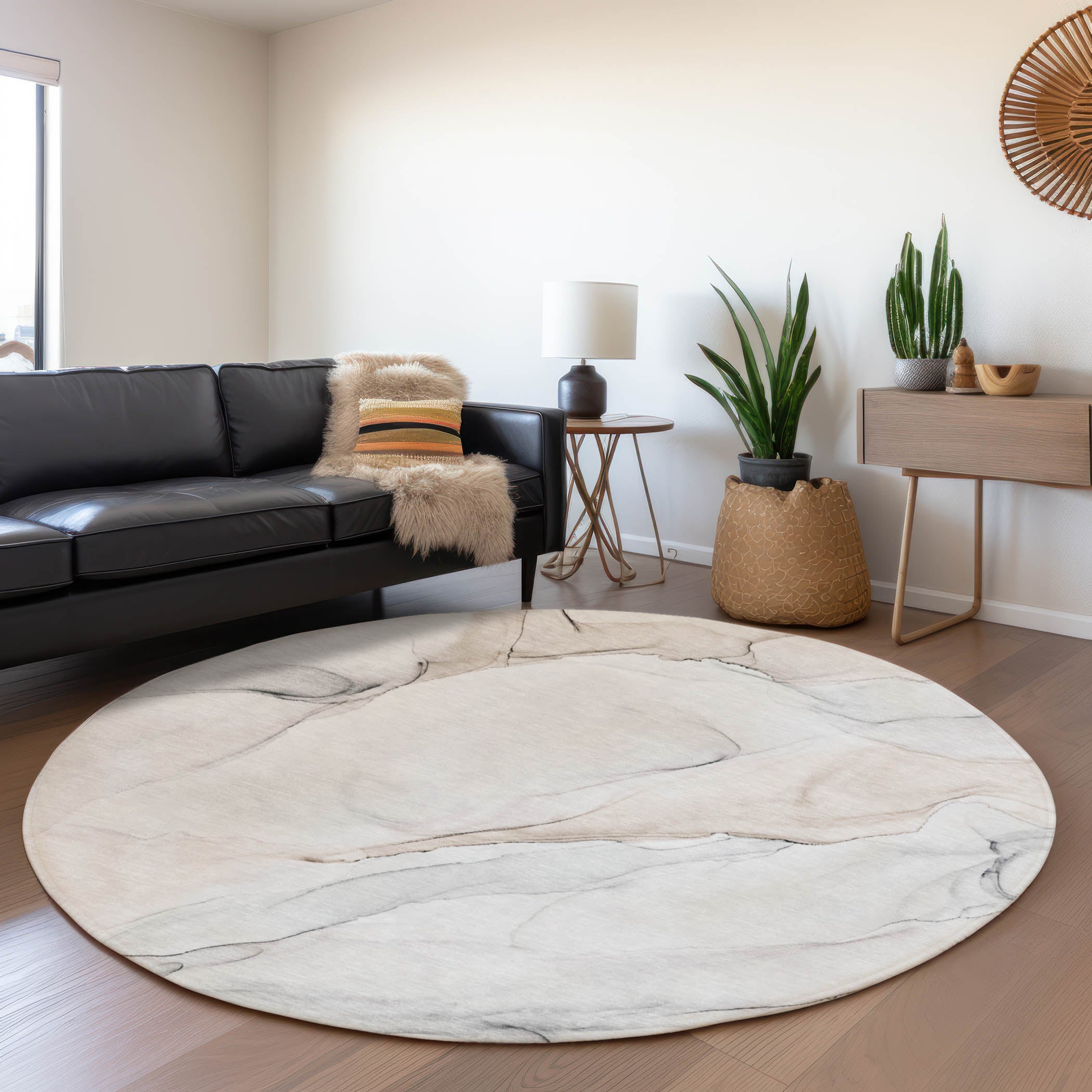 Porto Machine Washable Transitional Ivory Rug 8' x 8' #shape_Round