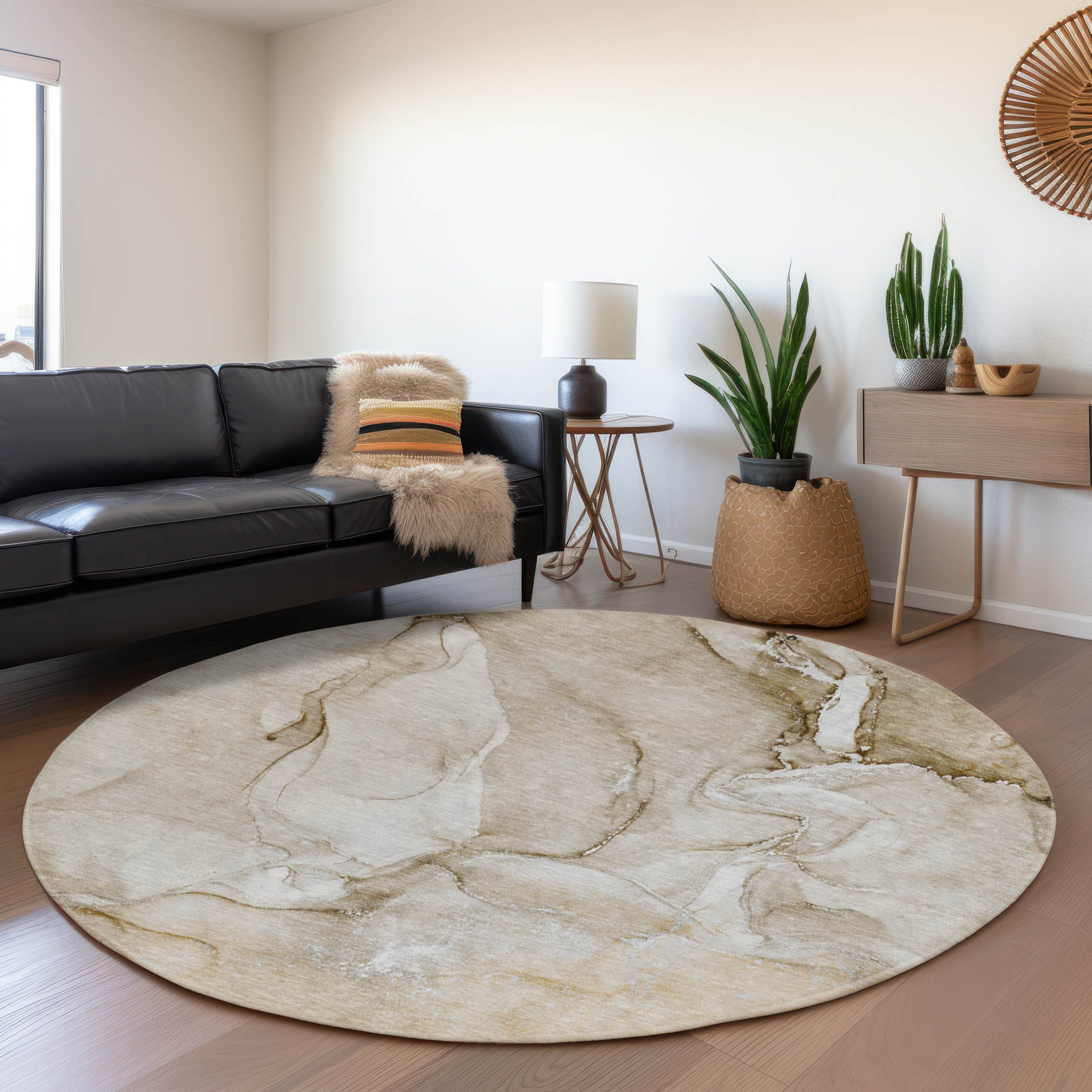 Porto Machine Washable Transitional Brown Rug 8' x 8' #shape_Round