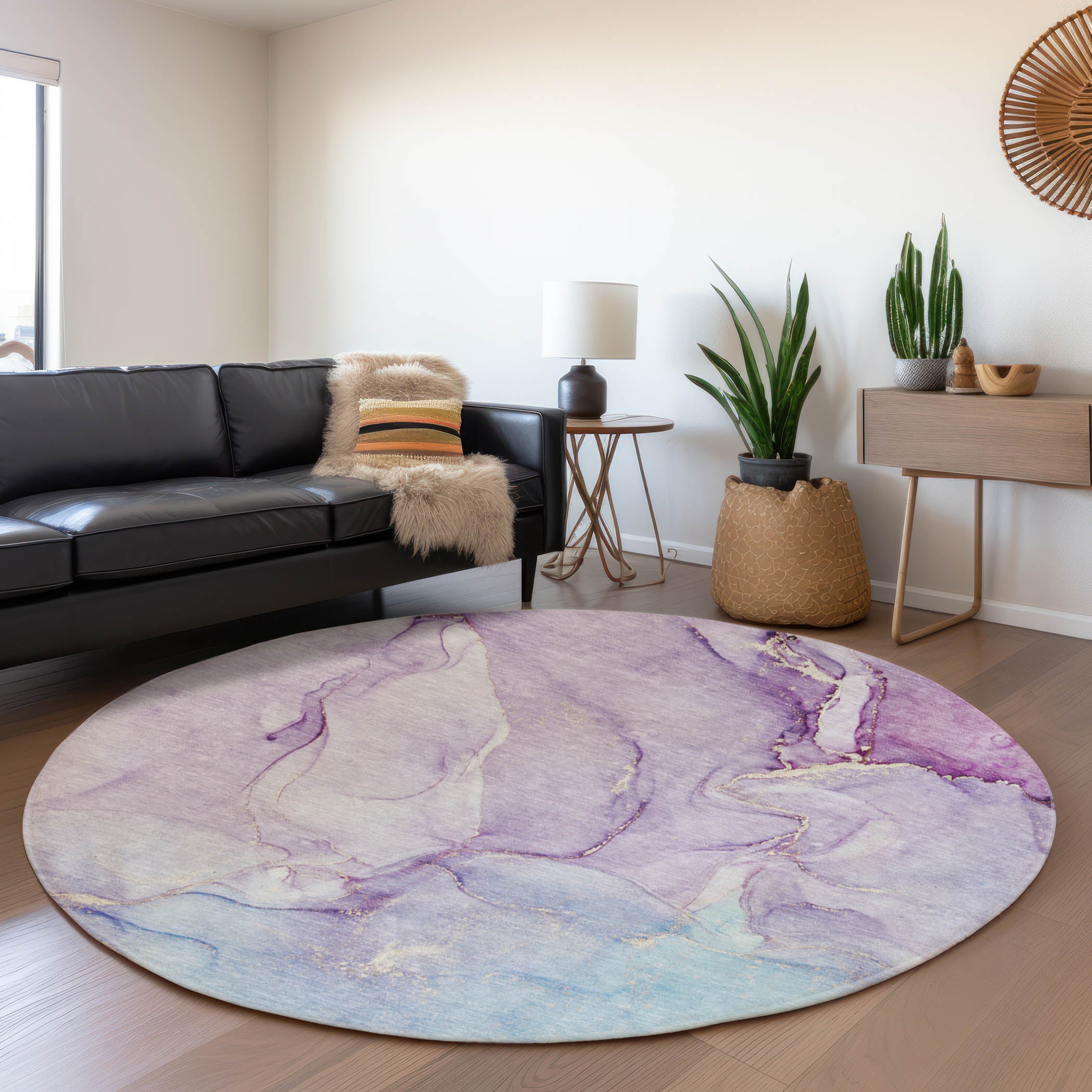 Porto Machine Washable Transitional Purple Rug 8' x 8' #shape_Round