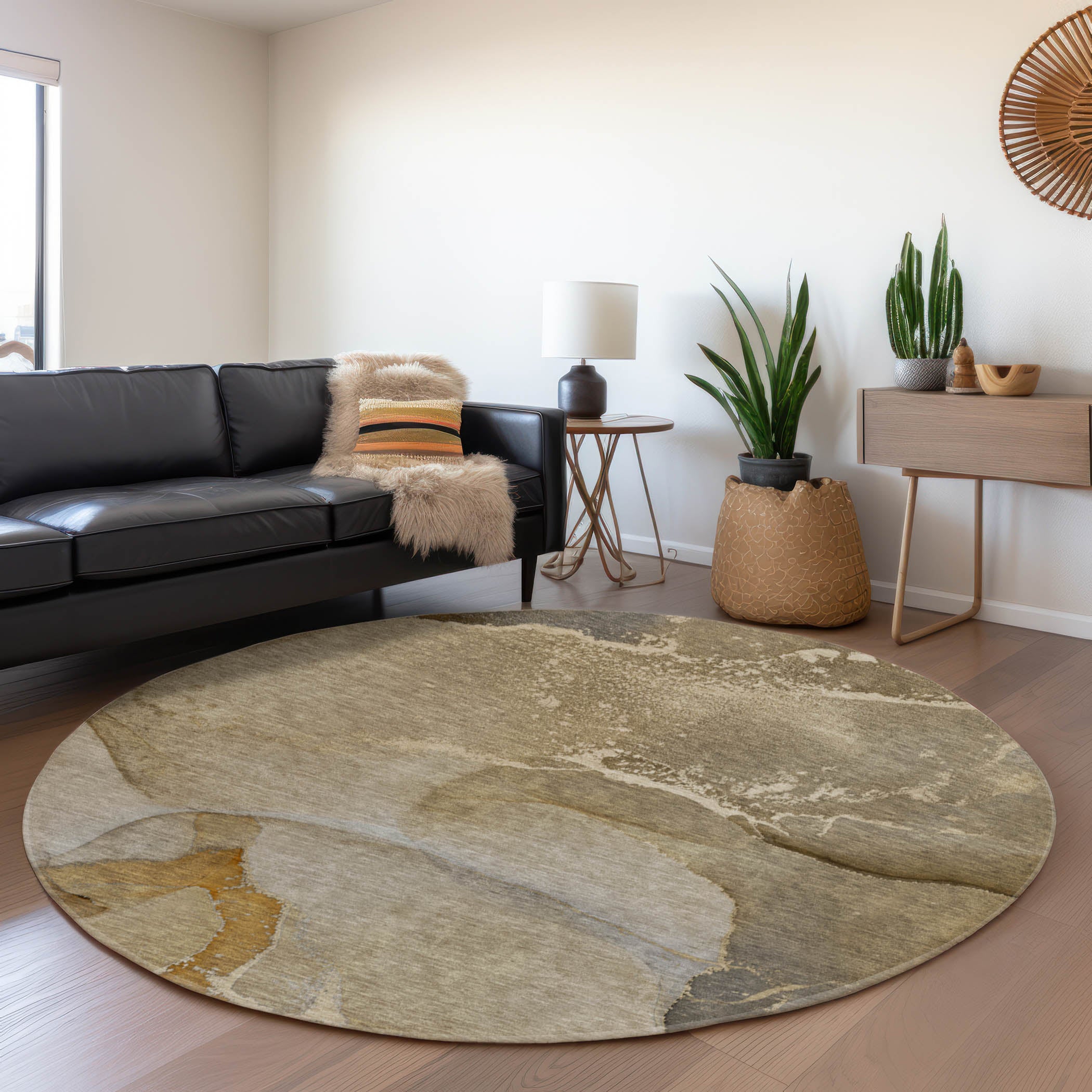 Bruges Machine Washable Transitional Brown Rug 8' x 8' #shape_Round