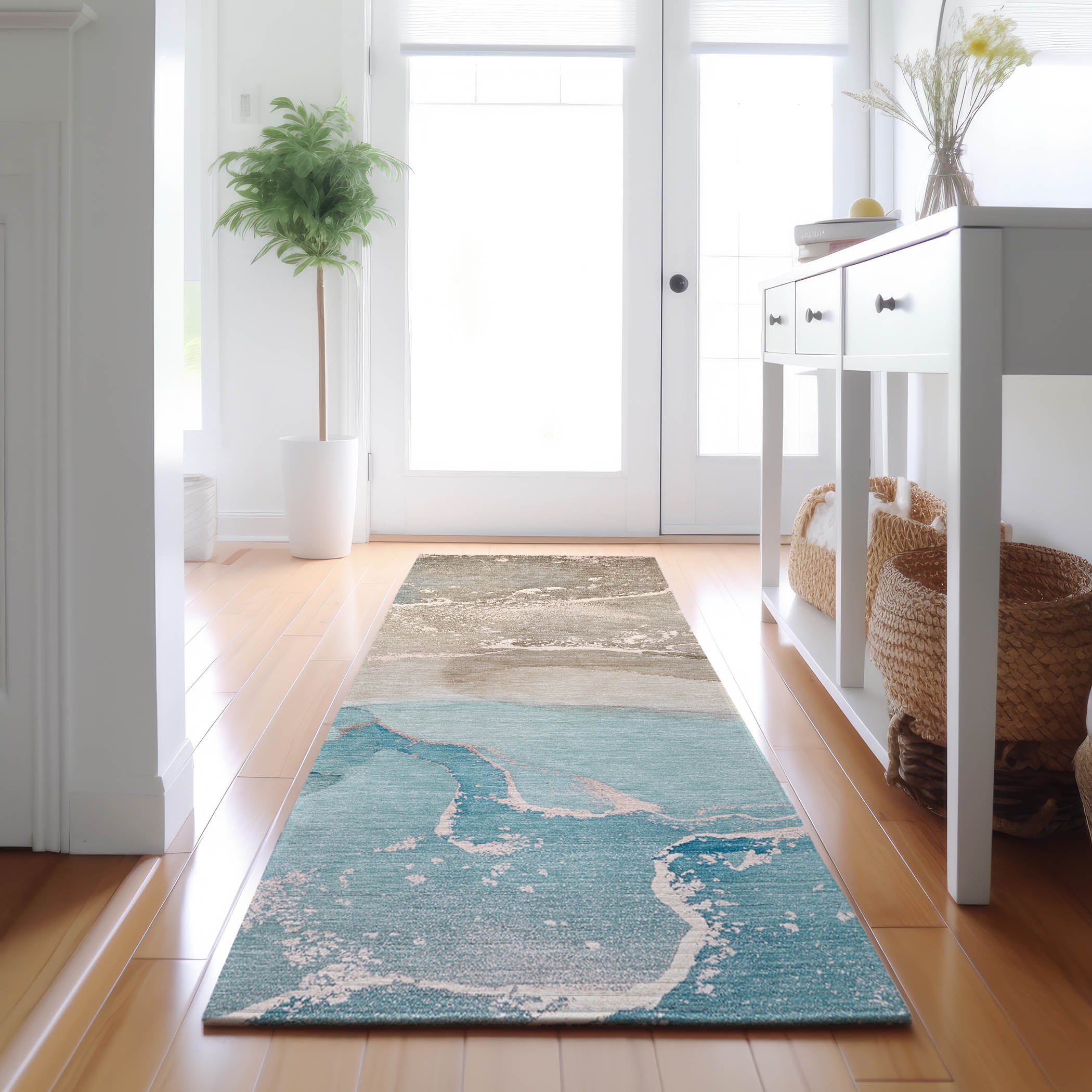 Bruges Machine Washable Transitional Teal Rug 2'3" x 7'6" #shape_Runner