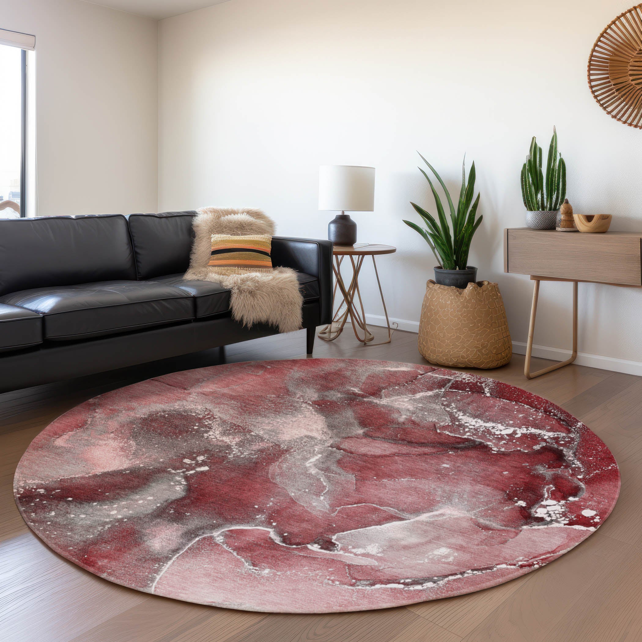 Vienna Machine Washable Transitional Merlot Red Rug 8' x 8' #shape_Round
