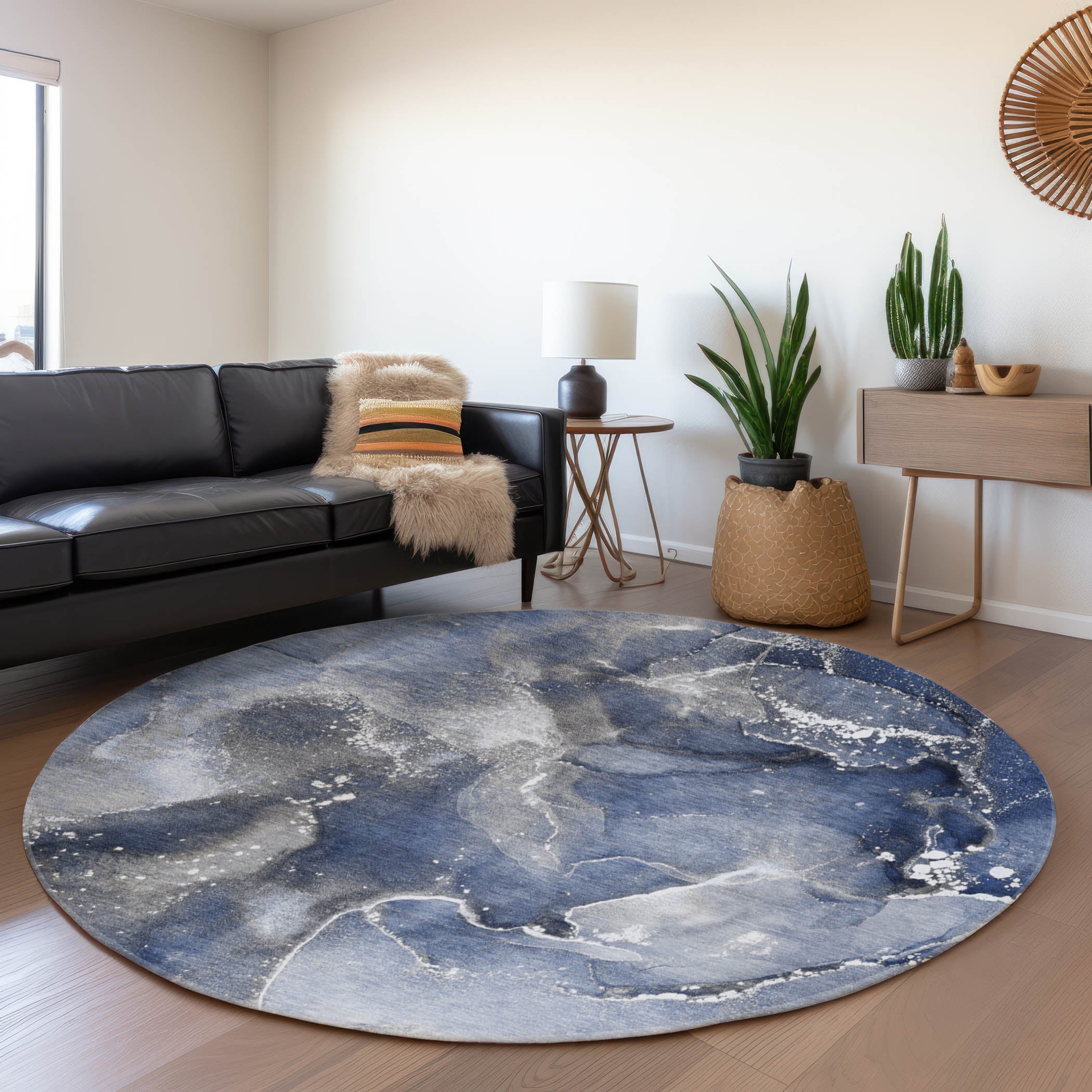 Vienna Machine Washable Transitional Navy Blue Rug 8' x 8' #shape_Round