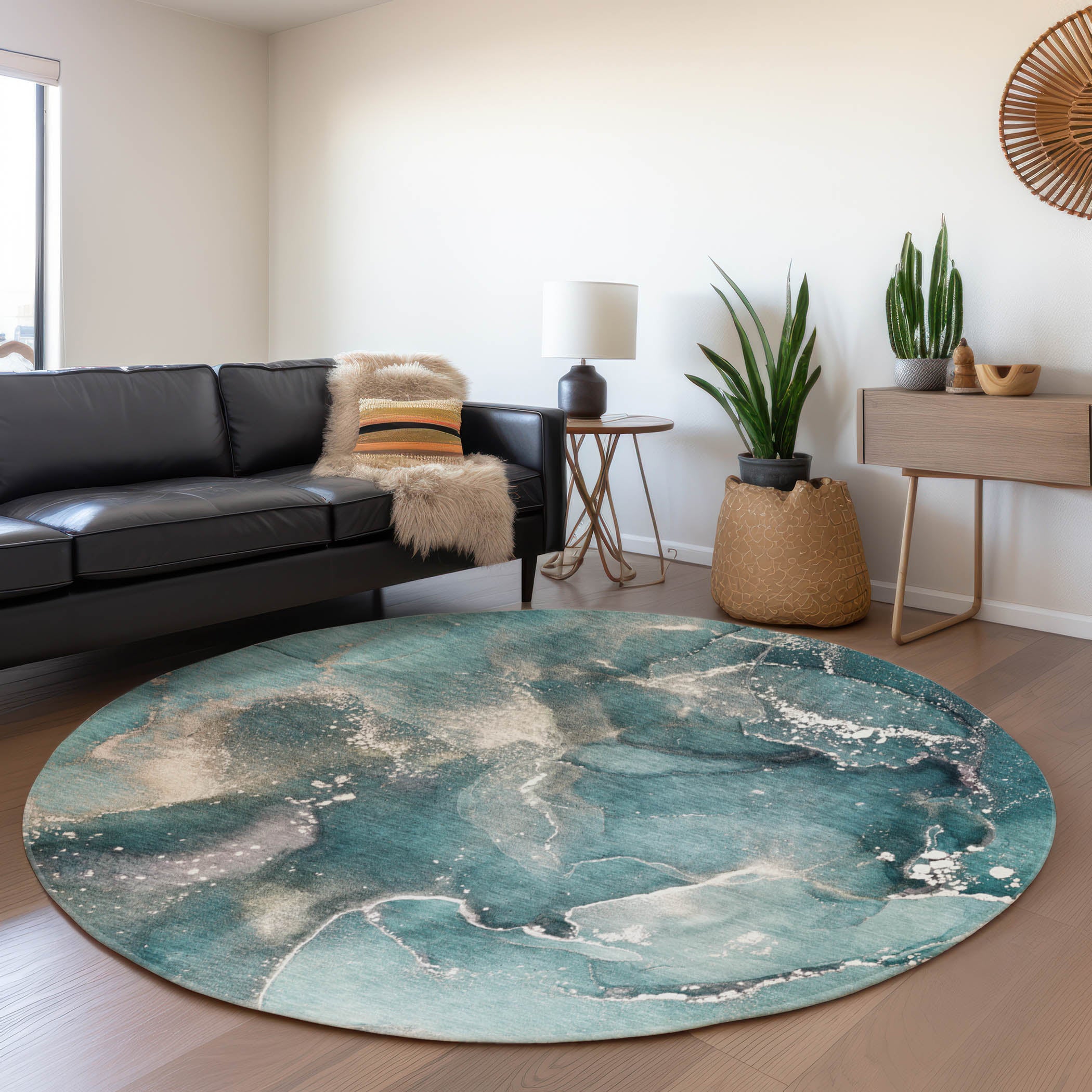 Vienna Machine Washable Transitional Teal Rug 8' x 8' #shape_Round