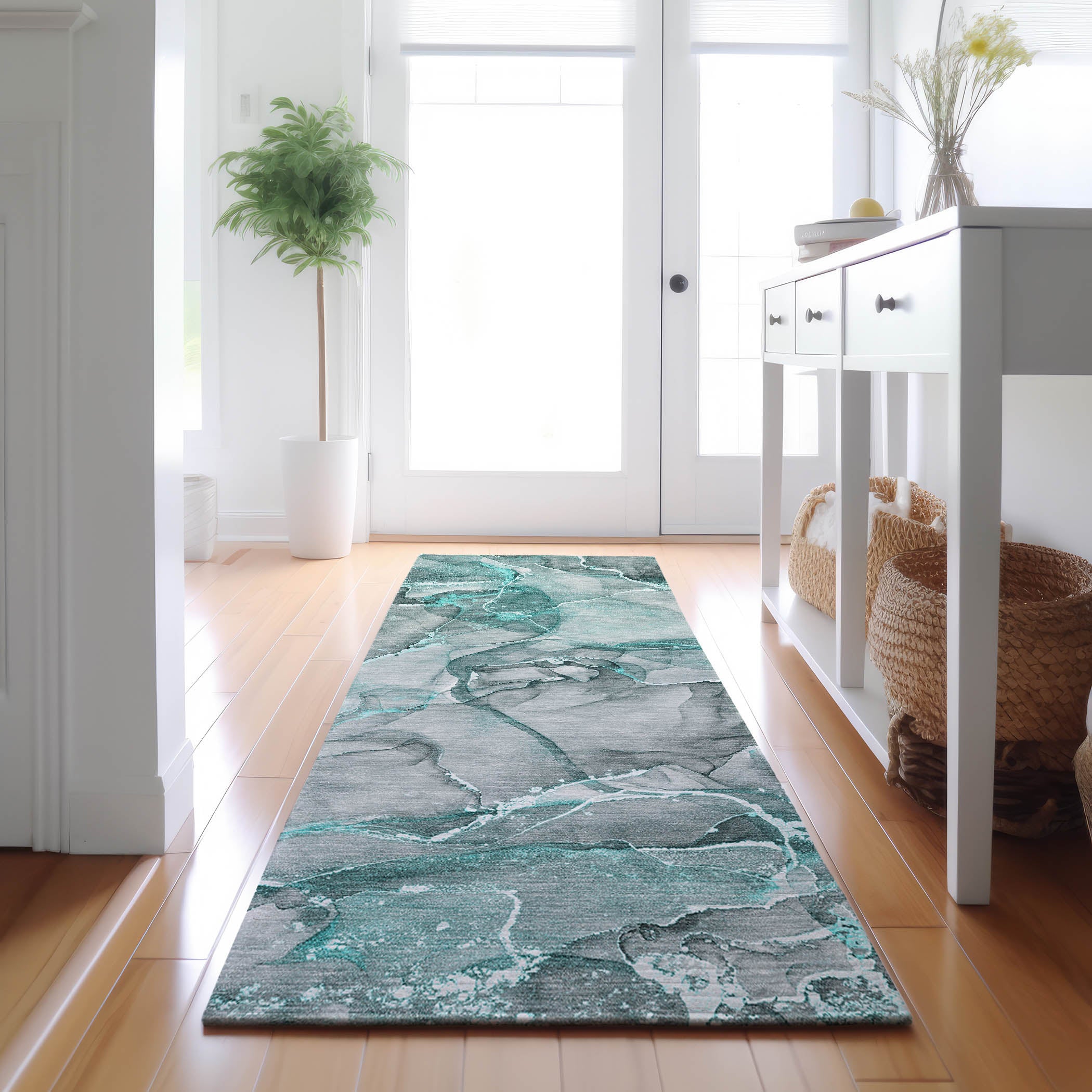 Sintra Machine Washable Transitional Teal Rug 2'3" x 7'6" #shape_Runner