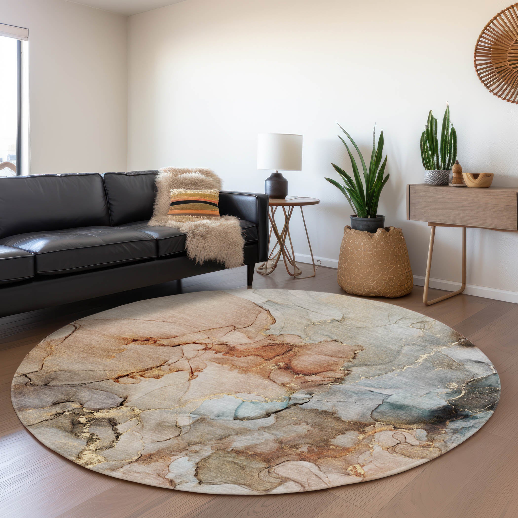 Marrakech Machine Washable Transitional Beige Brown Rug 8' x 8' #shape_Round